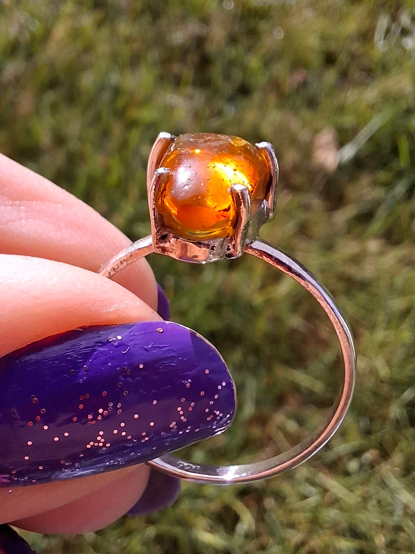 Baltic Amber Ring, size large V, 925 Silver, Fossil (Ref: AR24)