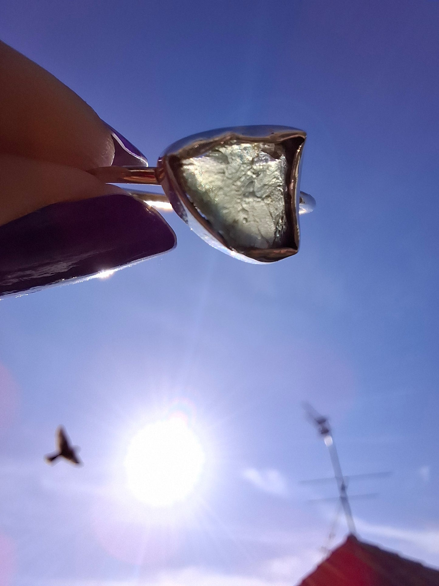 Moldavite Ring, size large T, 925 Silver, Tektite (Ref: R28)