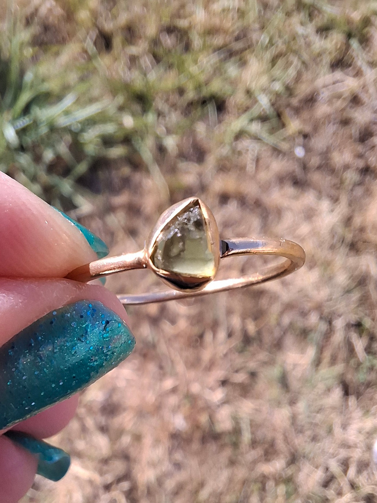 Moldavite Ring, 14K GOLD Plated, size large S / small T, Tektite (Ref: R352)