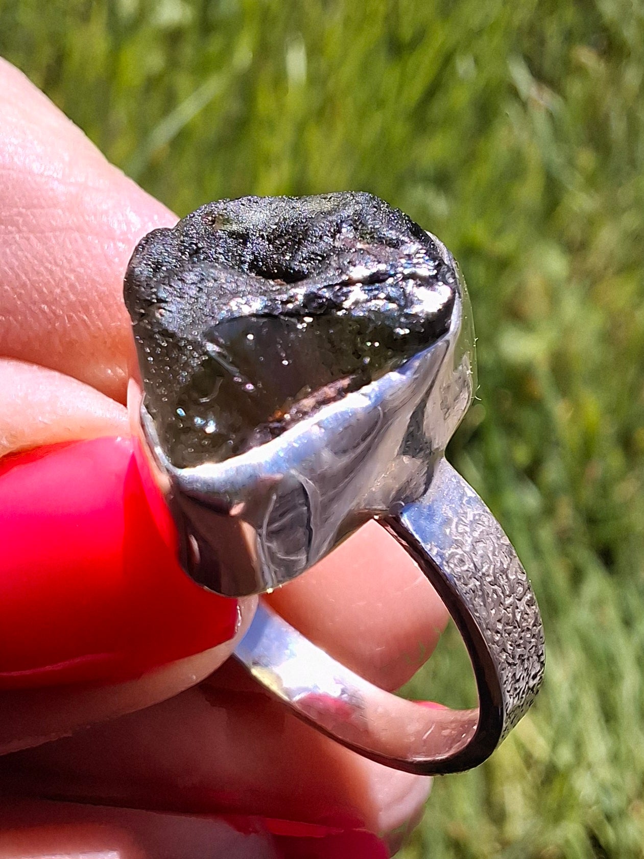 Moldavite Ring, size R, 925 Silver, Tektite (Ref: R317)