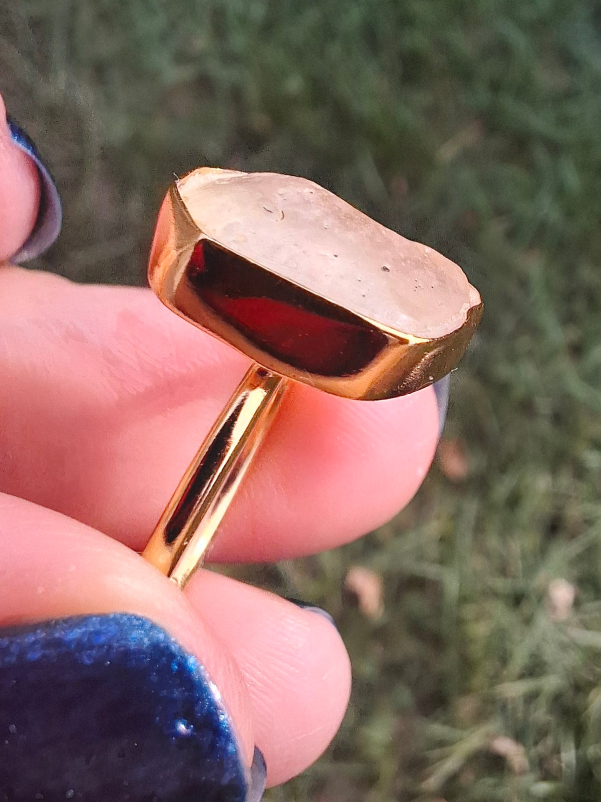 Libyan Desert Glass Ring, 14K GOLD Plated, size large O, Tektite (Ref: LR71)