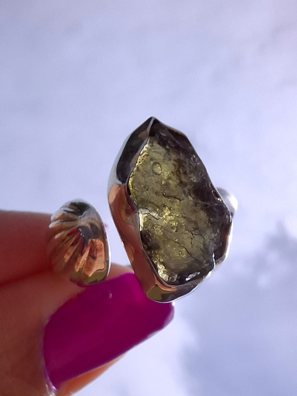 Moldavite ADJUSTABLE Ring, size large O, 925 Silver, Tektite (Ref: AR44)