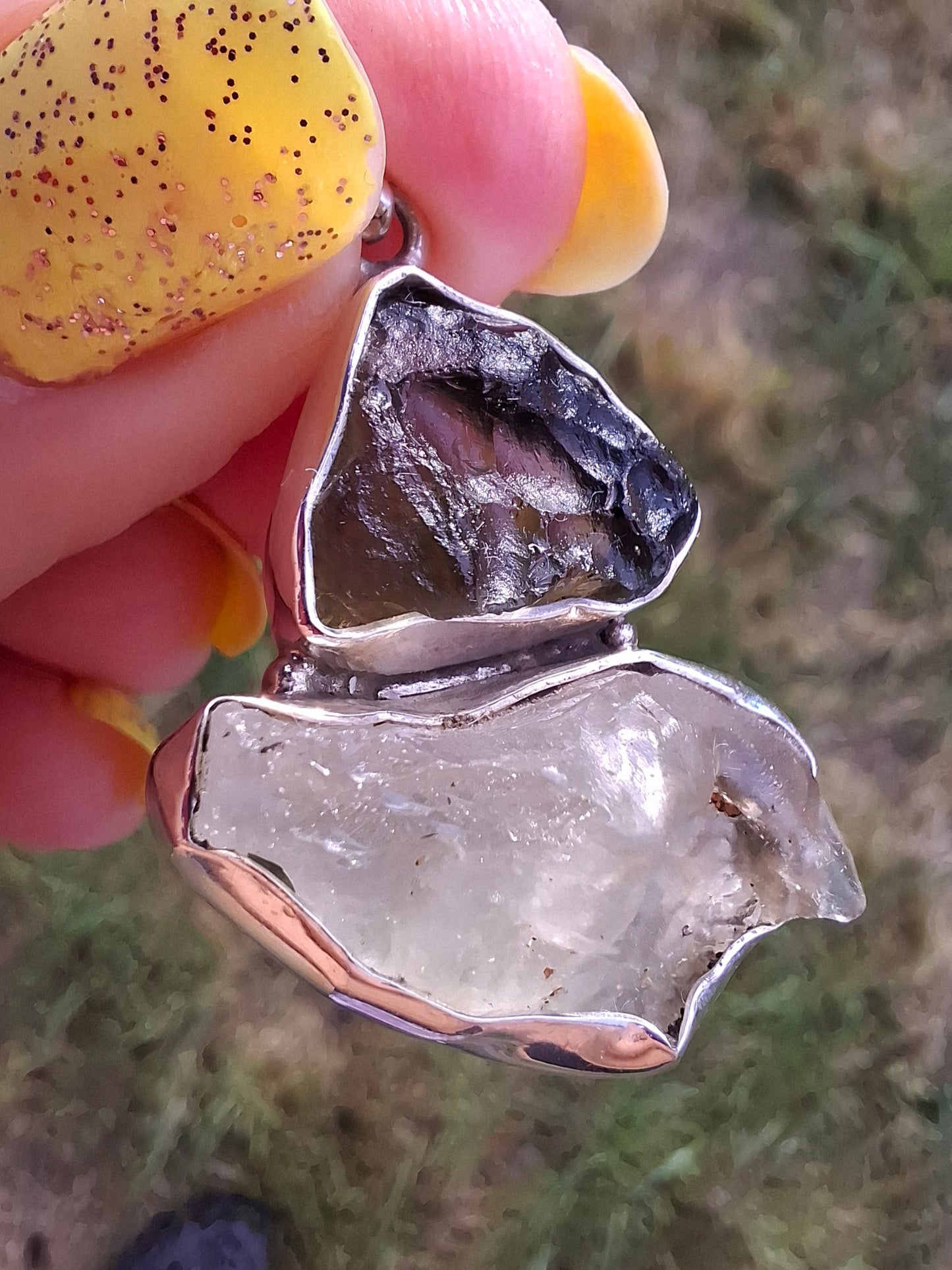 Moldavite & Libyan Desert Glass Pendant, 925 Silver, Tektite (Ref: MLP18)