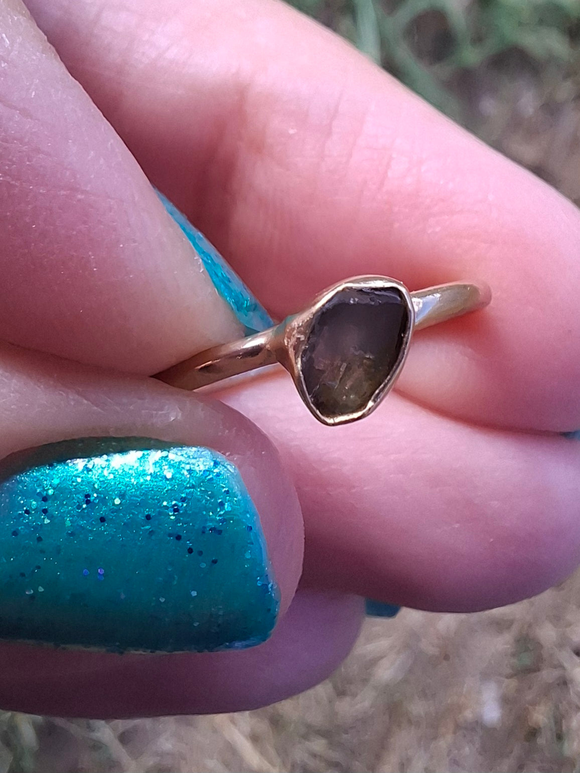 Moldavite Ring, 14K GOLD Plated, size large G / small H, Tektite (Ref: R334)