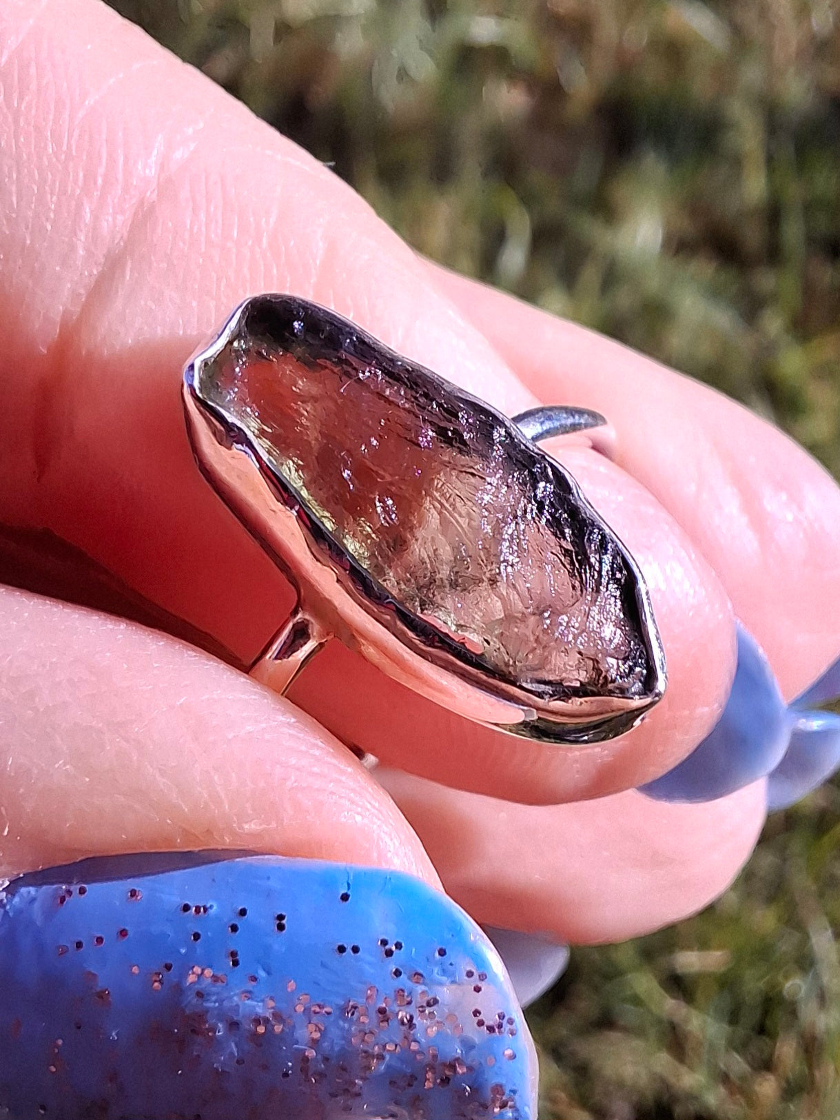 Moldavite Ring, size large R, 925 Silver, Tektite (Ref: R27)