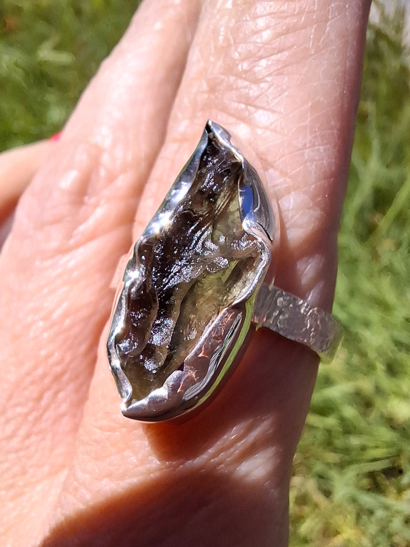 Moldavite Ring, size small U, 925 silver, Tektite (Ref: R321)