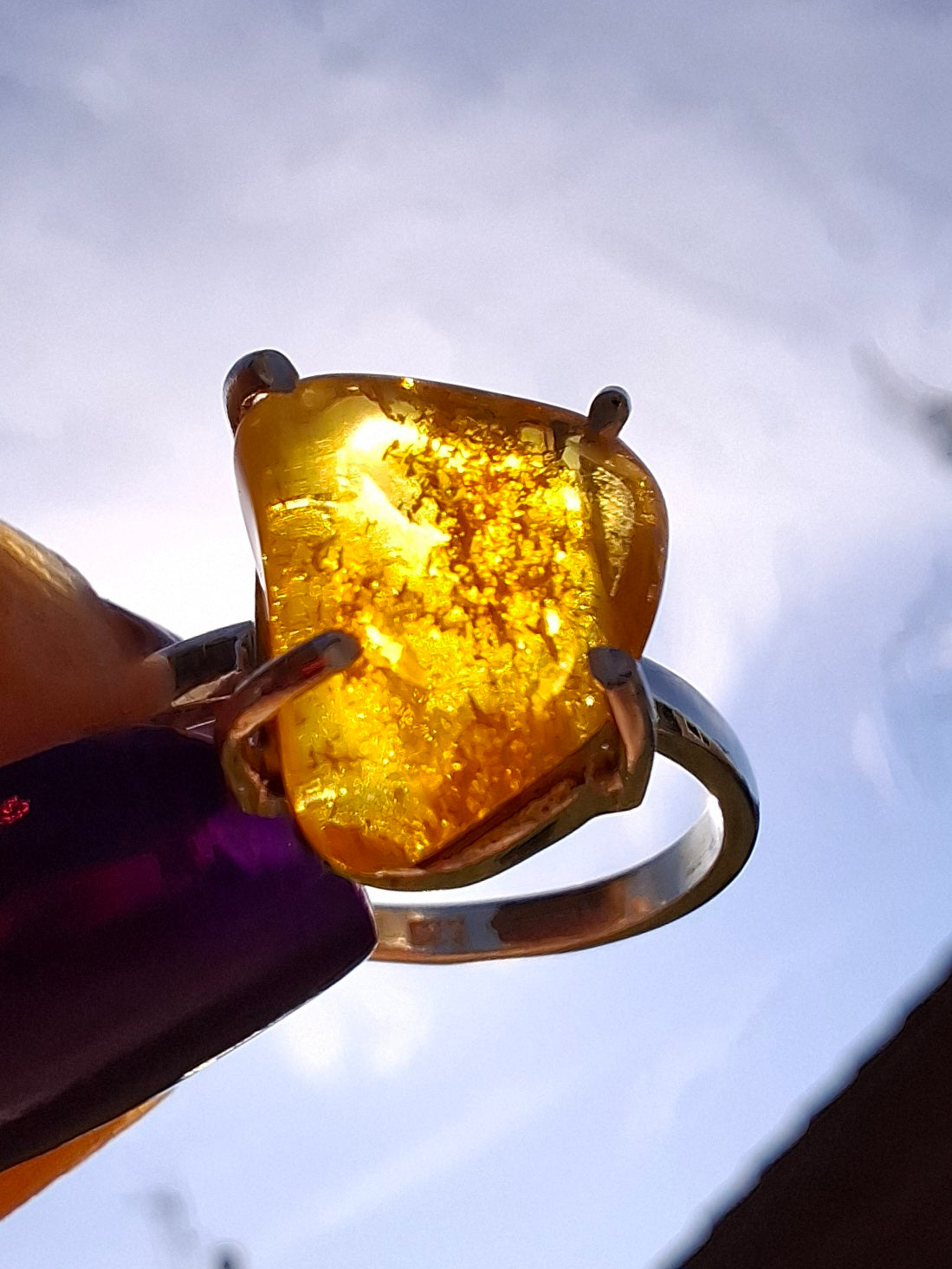 Baltic Amber Ring, size large M, 925 Silver, Fossil (Ref: AR6)