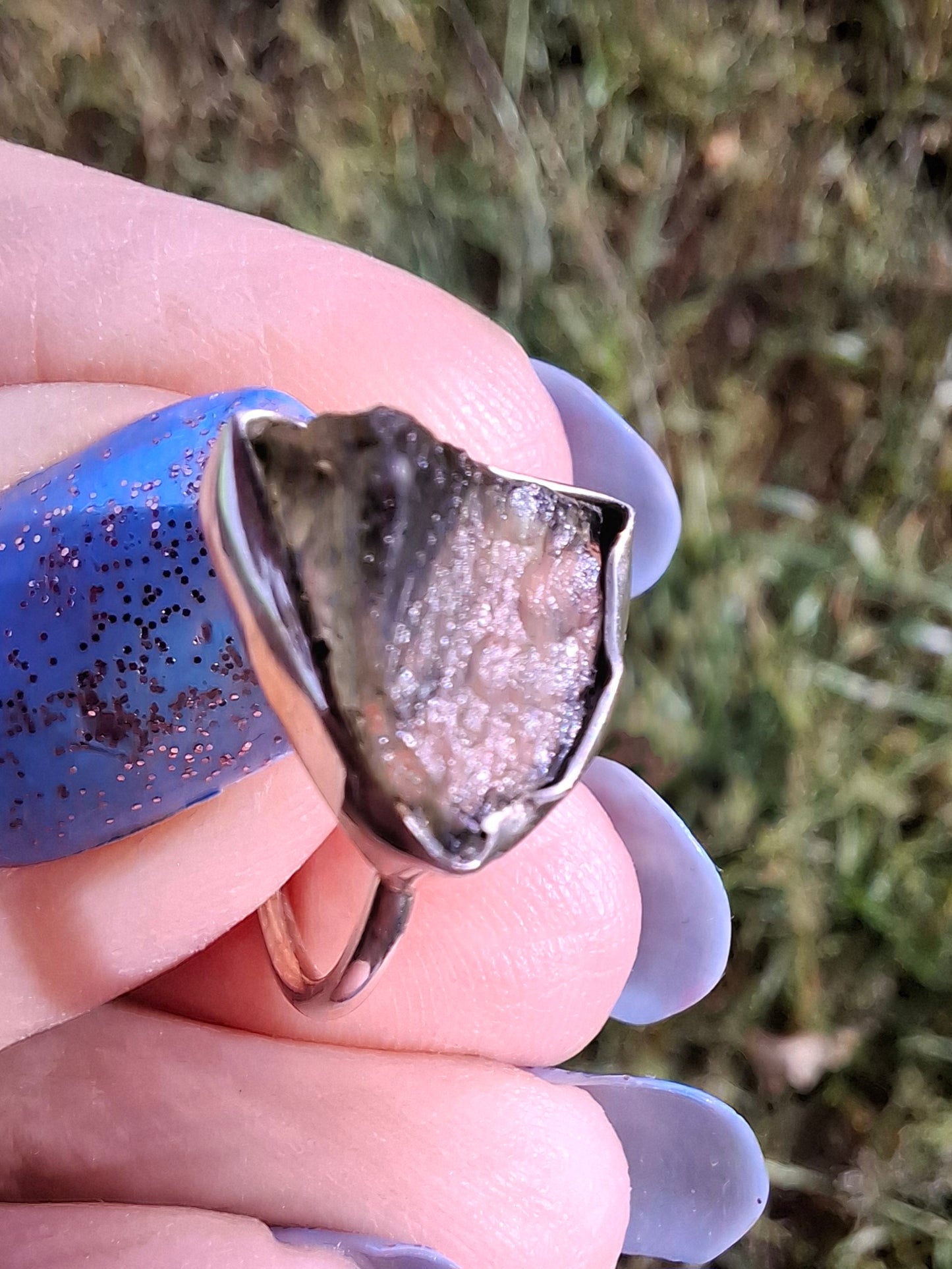 Moldavite Ring, size large J, 925 Silver, Tektite (Ref: R20)