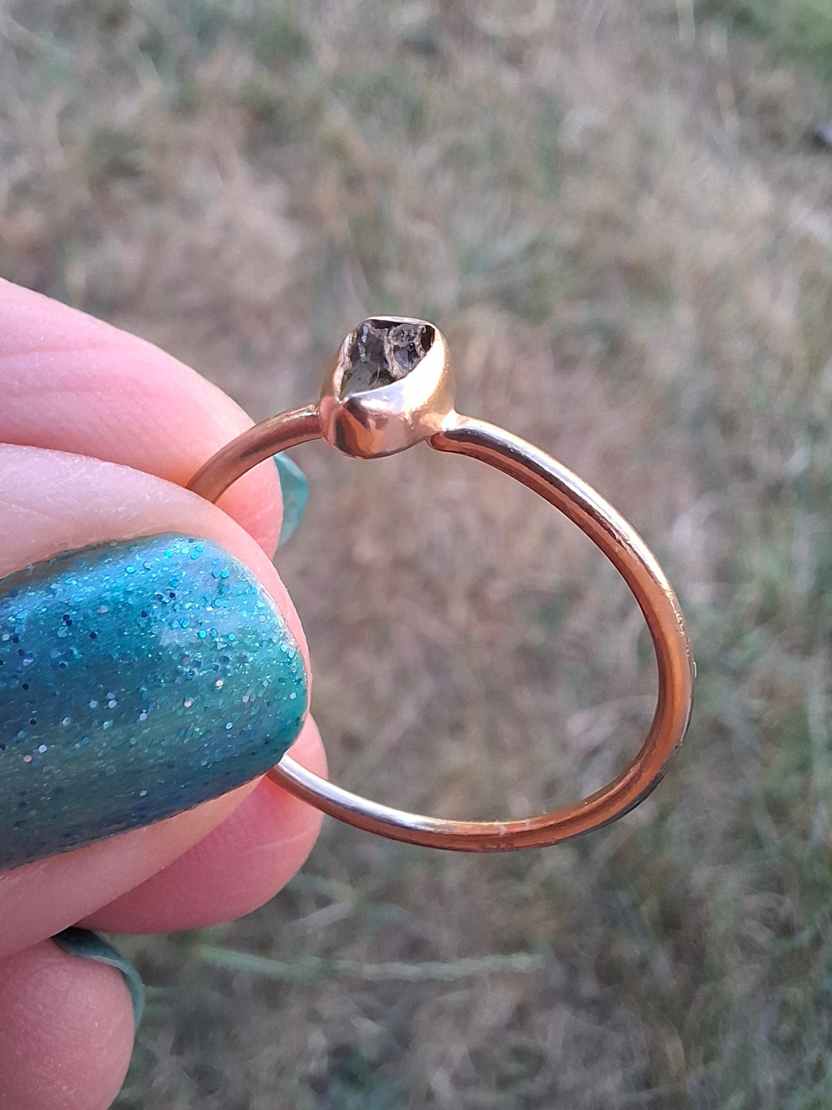 Moldavite Ring, 14K GOLD Plated, size large S, Tektite (Ref: R345)