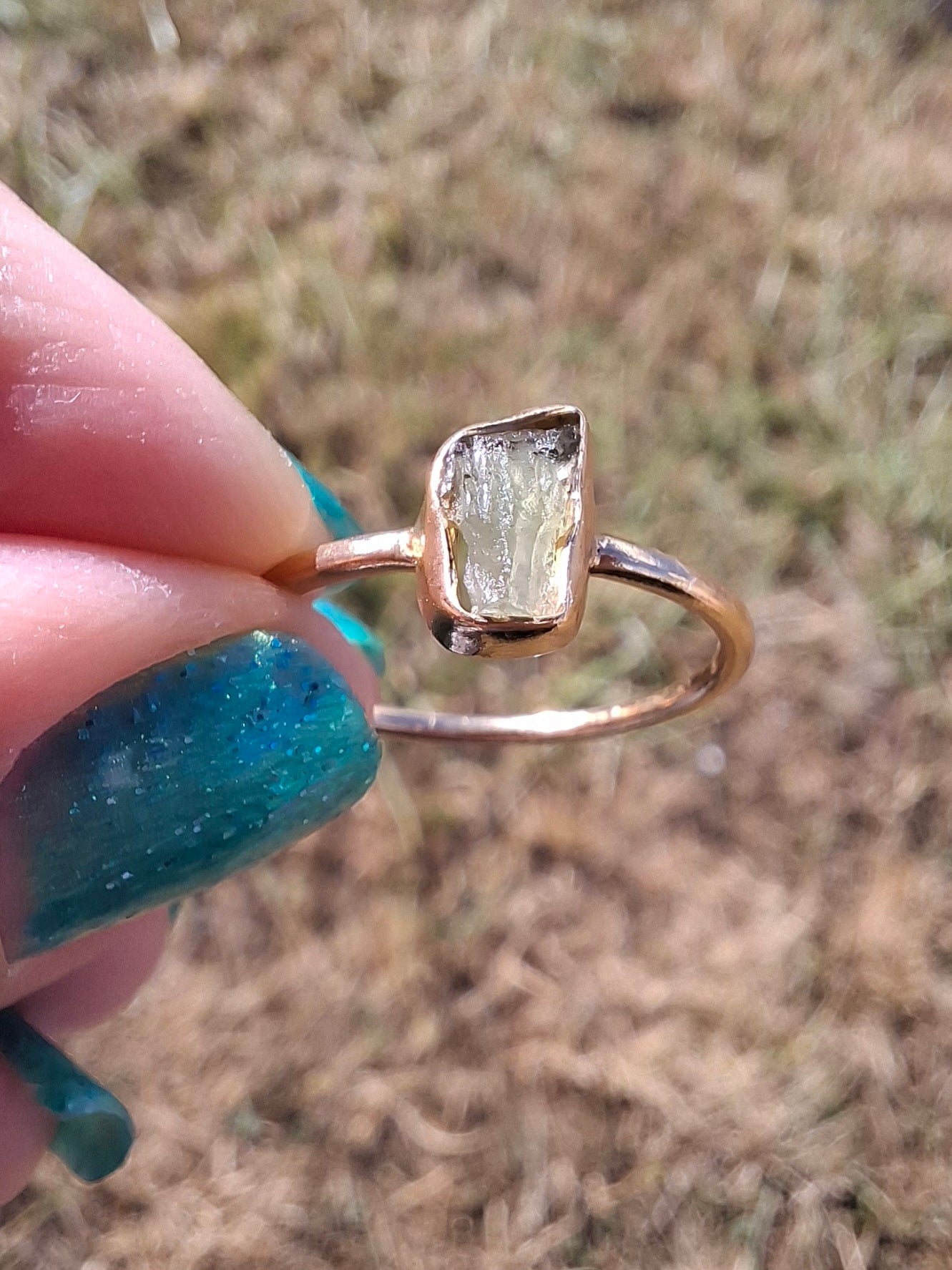 Moldavite Ring, 14K GOLD Plated, size large M, Tektite (Ref: R341)