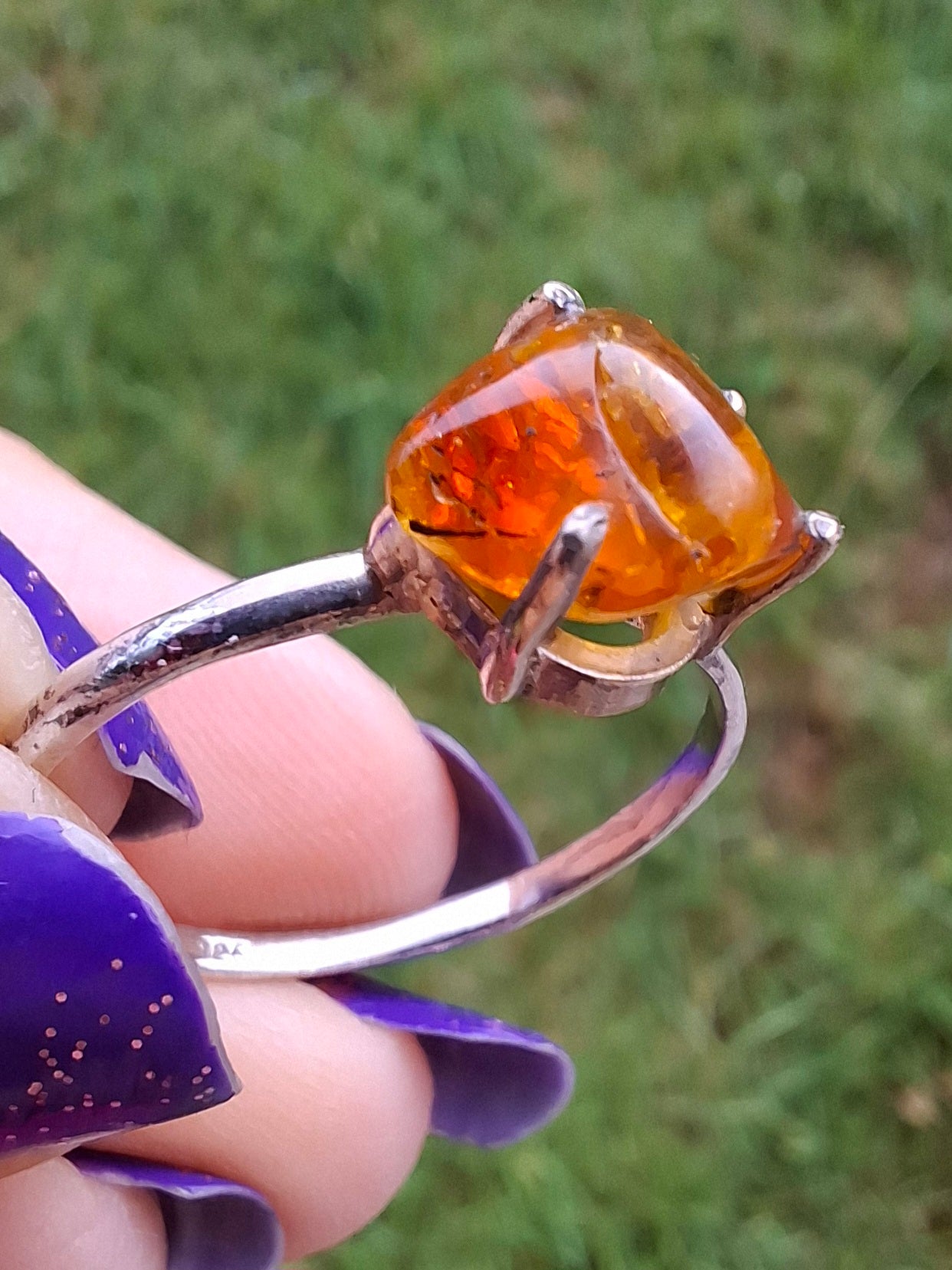 Baltic Amber Ring, size large Y, 925 Silver, Fossil (Ref: AR40)