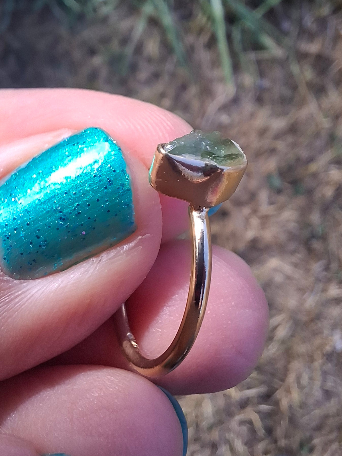 Moldavite Ring, 14K GOLD Plated, size large J, Tektite (Ref: R338)