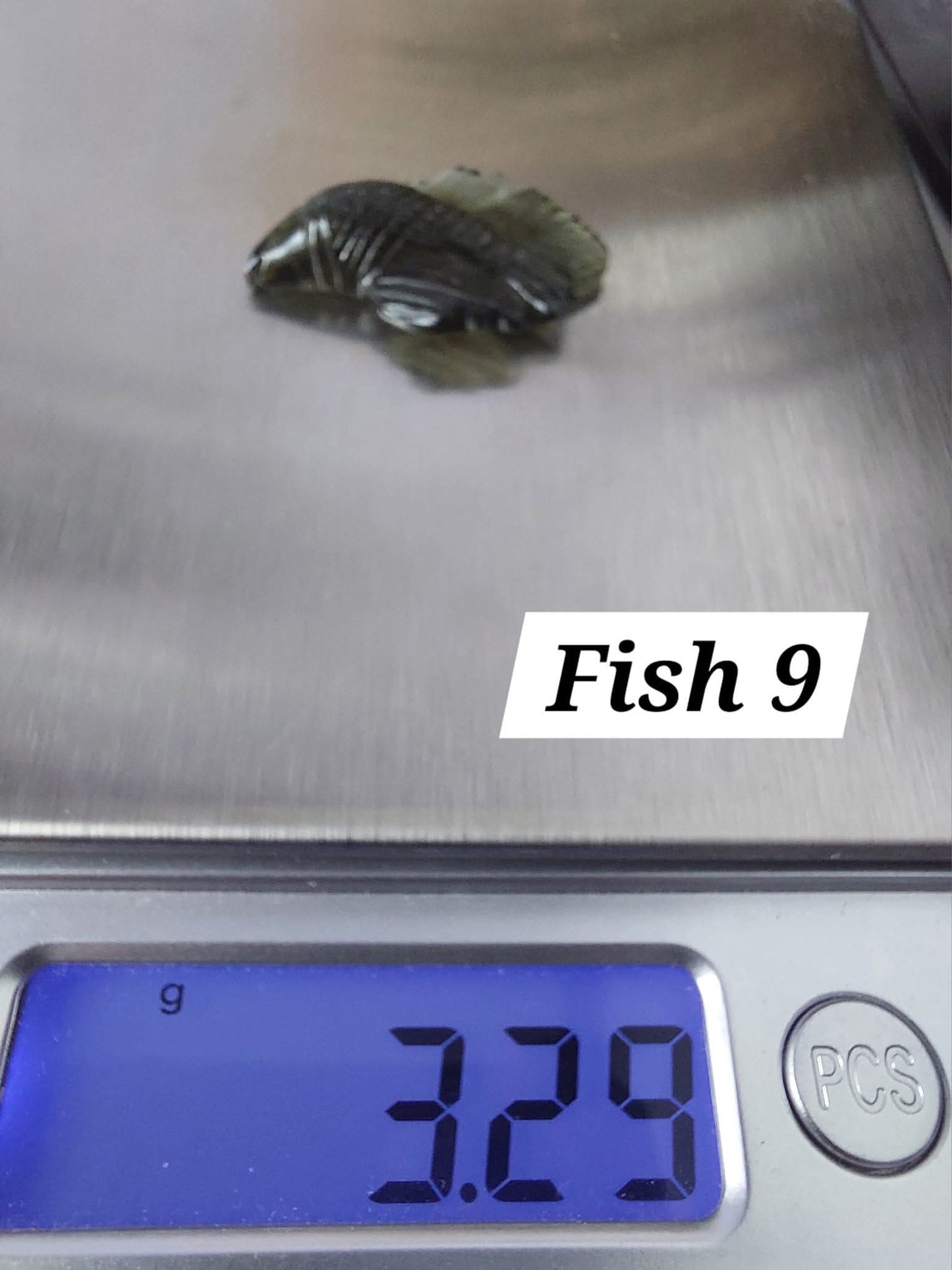 Moldavite FISH carving, (flat back), 3.29g, Tektite (Ref: Fish9)