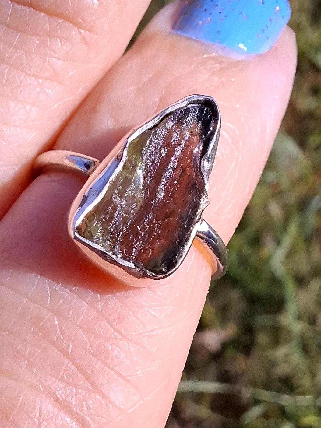 Moldavite Ring, size Large G, 925 Silver, Tektite (Ref: R18)