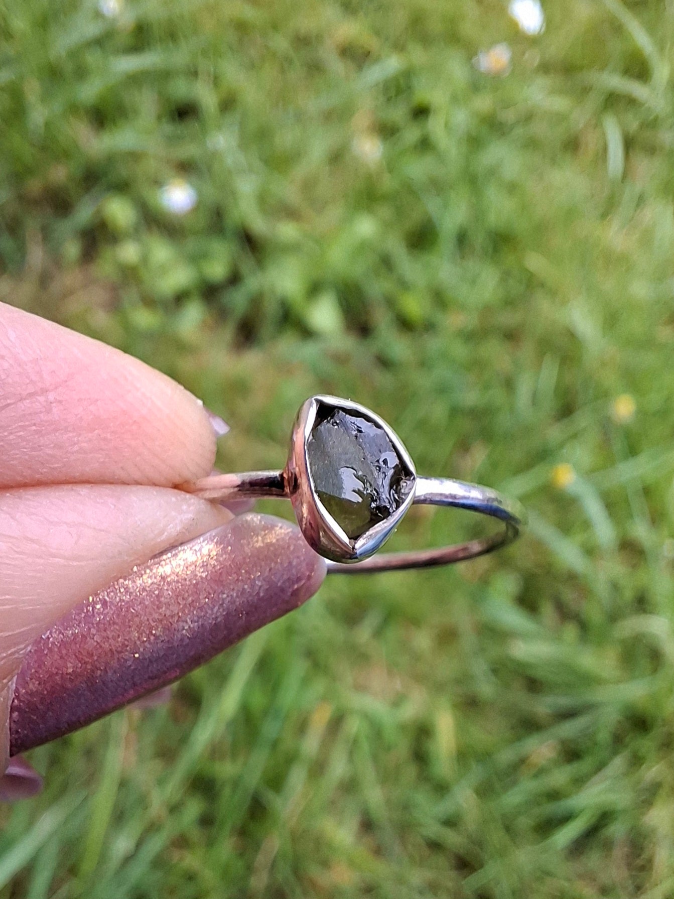 Moldavite Ring, size large T, 925 Silver, Tektite (Ref: R70)