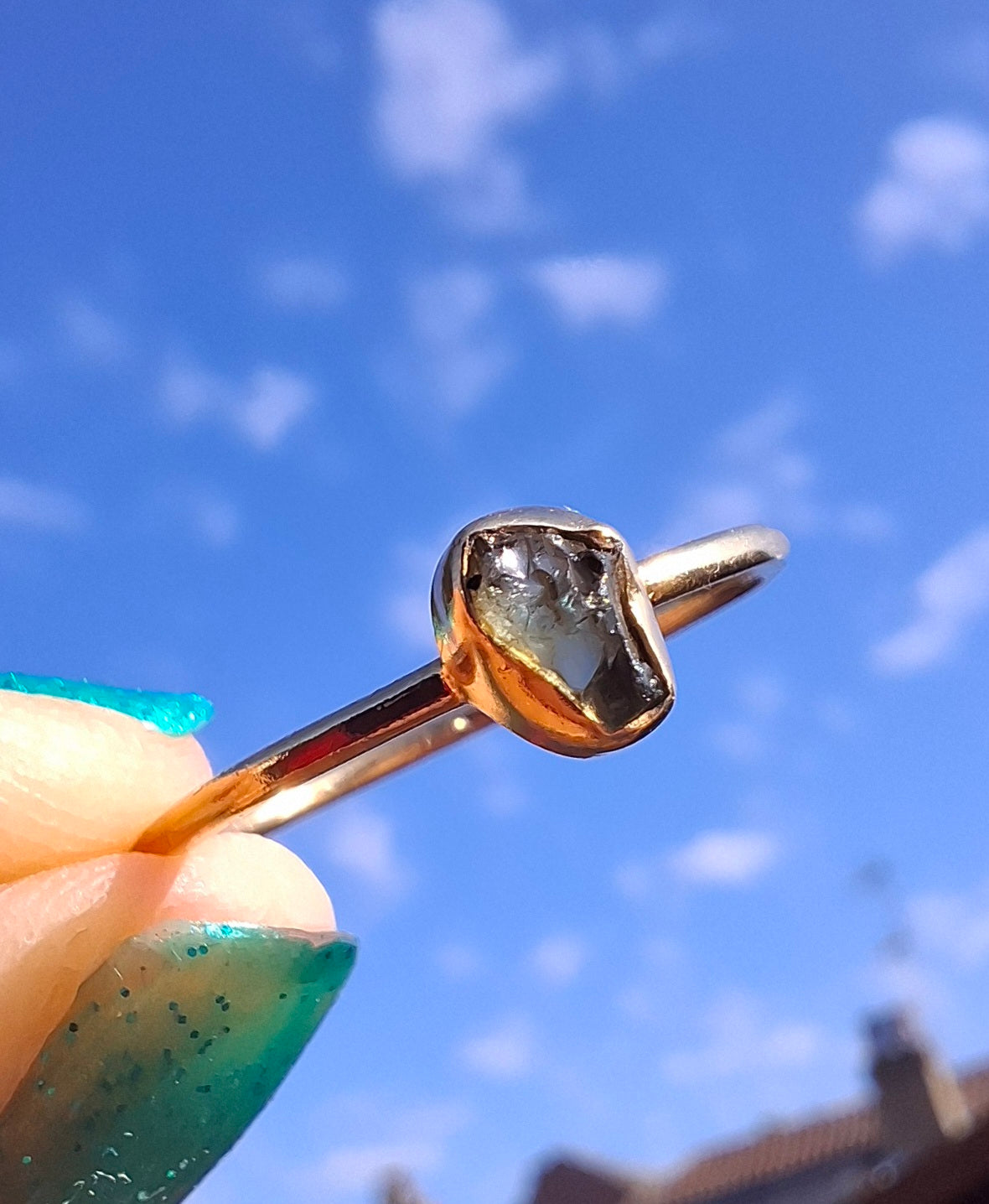 Moldavite Ring, 14K GOLD Plated, size large T, Tektite (Ref: R350)