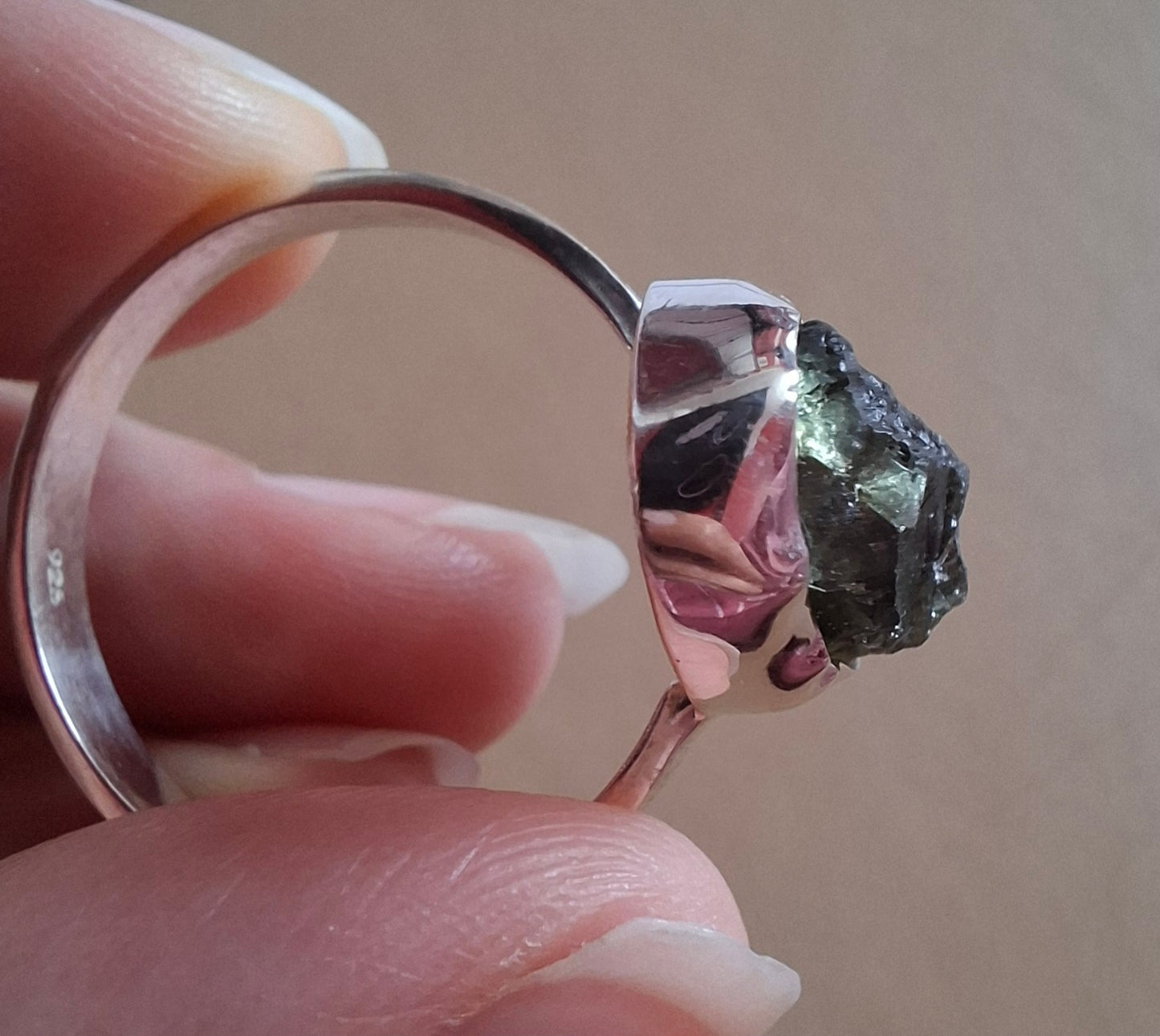 Moldavite Ring, size Y, 925 Silver, Tektite (Ref: R330)