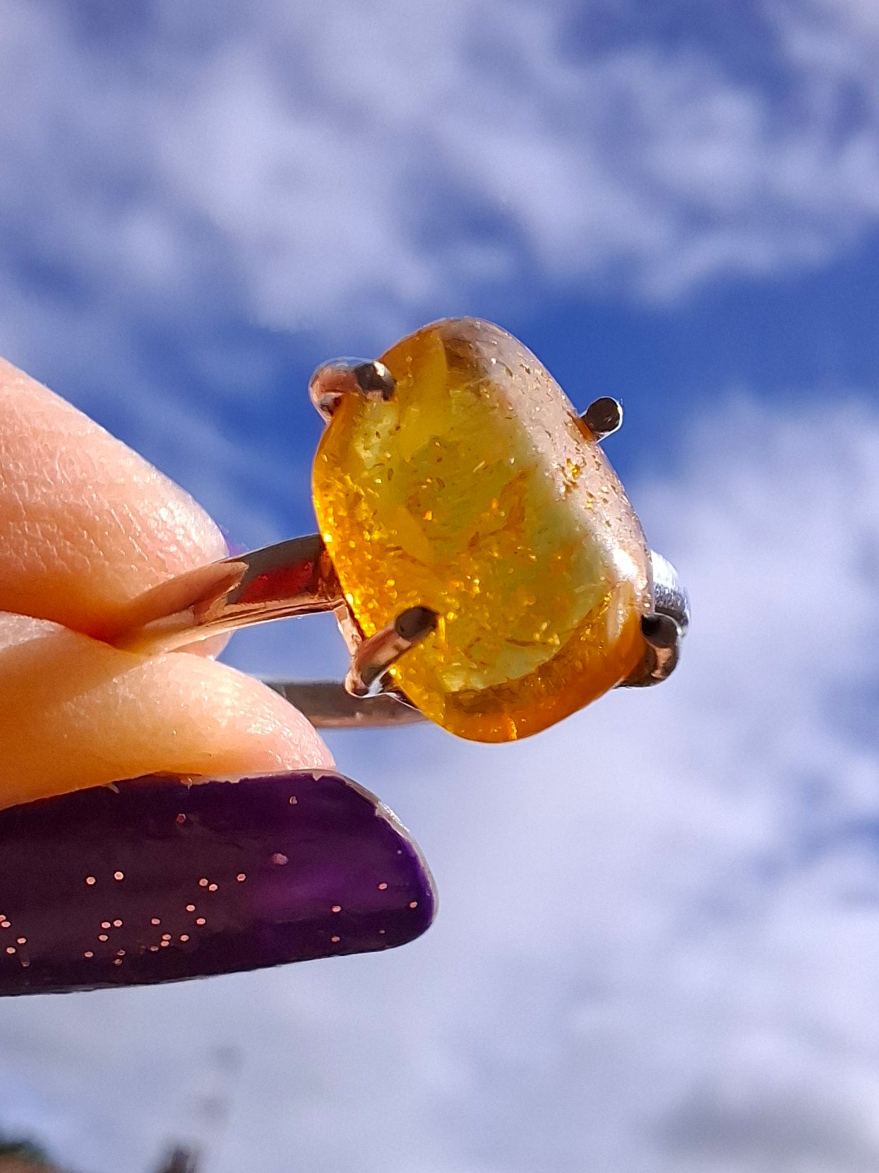 Baltic Amber Ring, size large O, 925 Silver, Fossil (Ref: AR12)