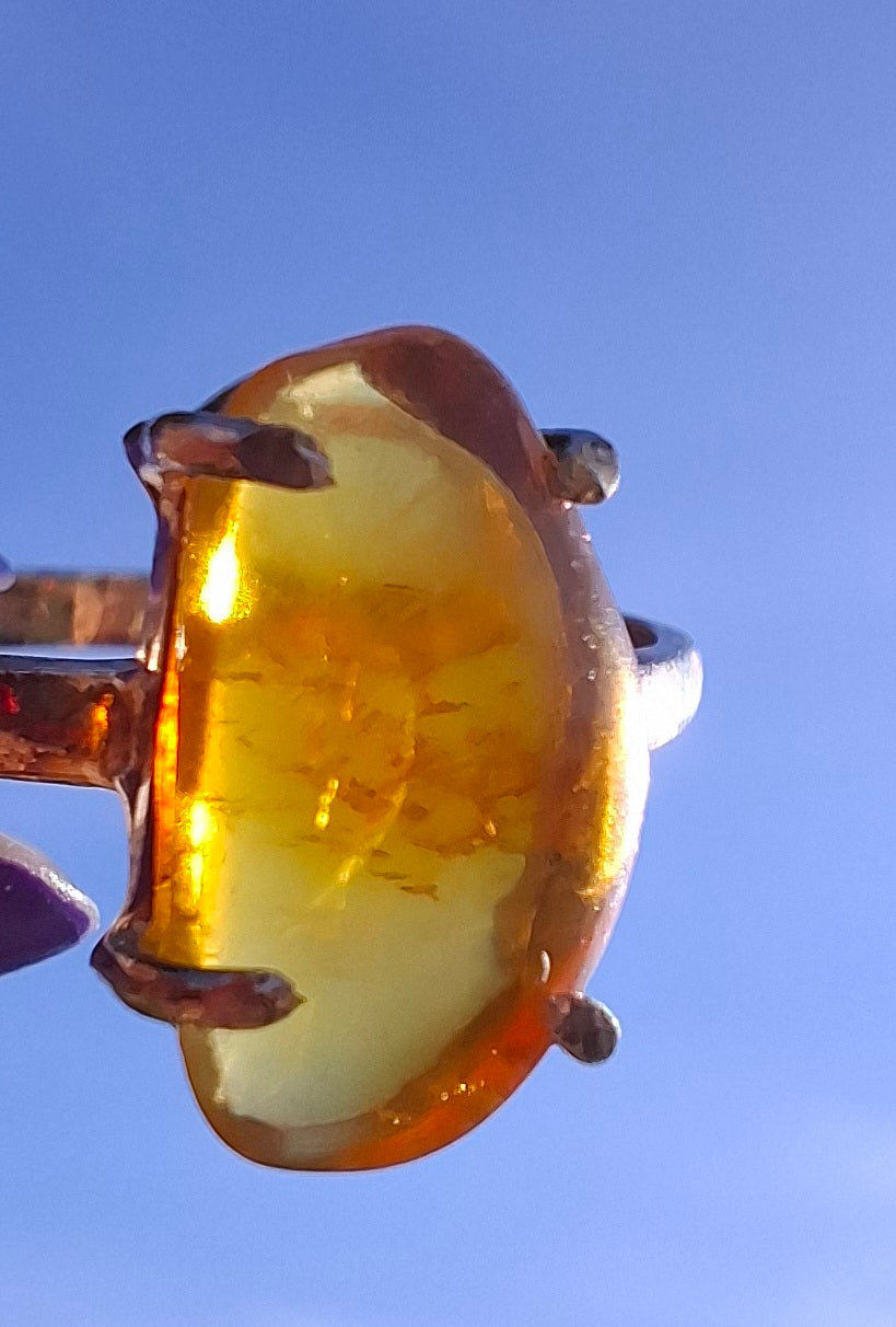 Baltic Amber Ring, size large T, 925 Silver, Fossil (Ref: AR18)
