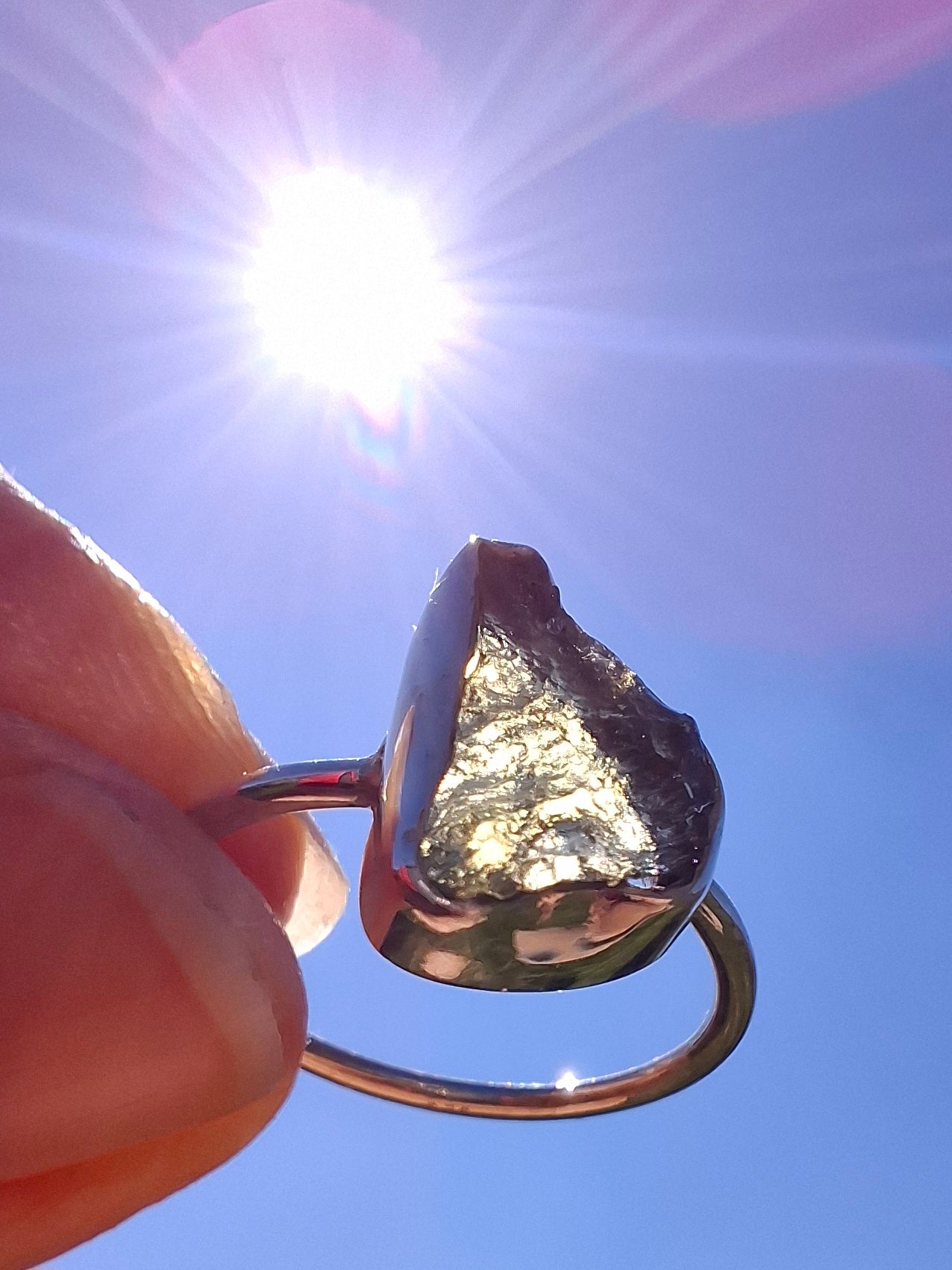 Moldavite Ring, size large M, 925 Silver, Tektite (Ref: R23)