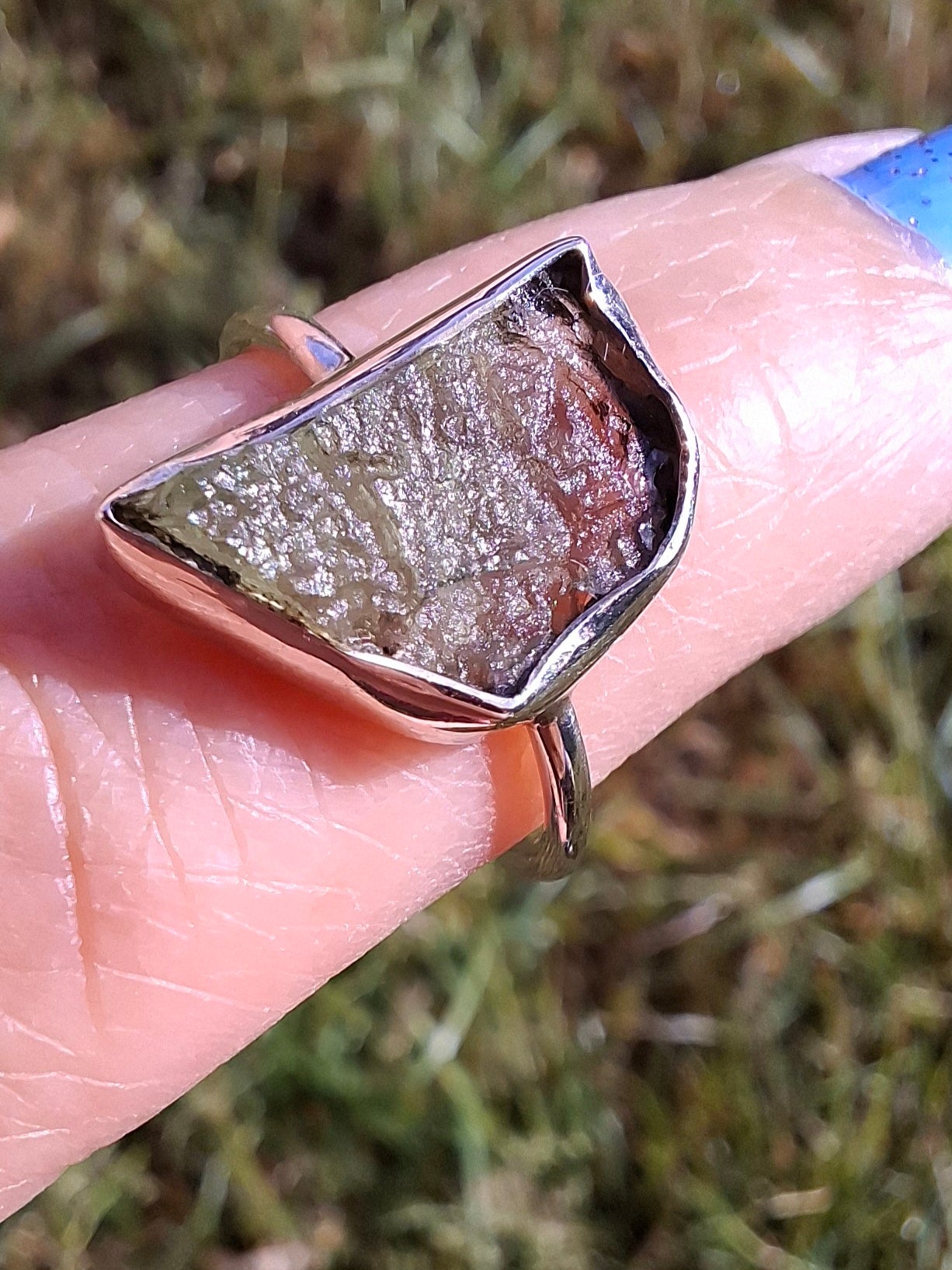 Moldavite Ring, size large M, 925 Silver, Tektite (Ref: R24)