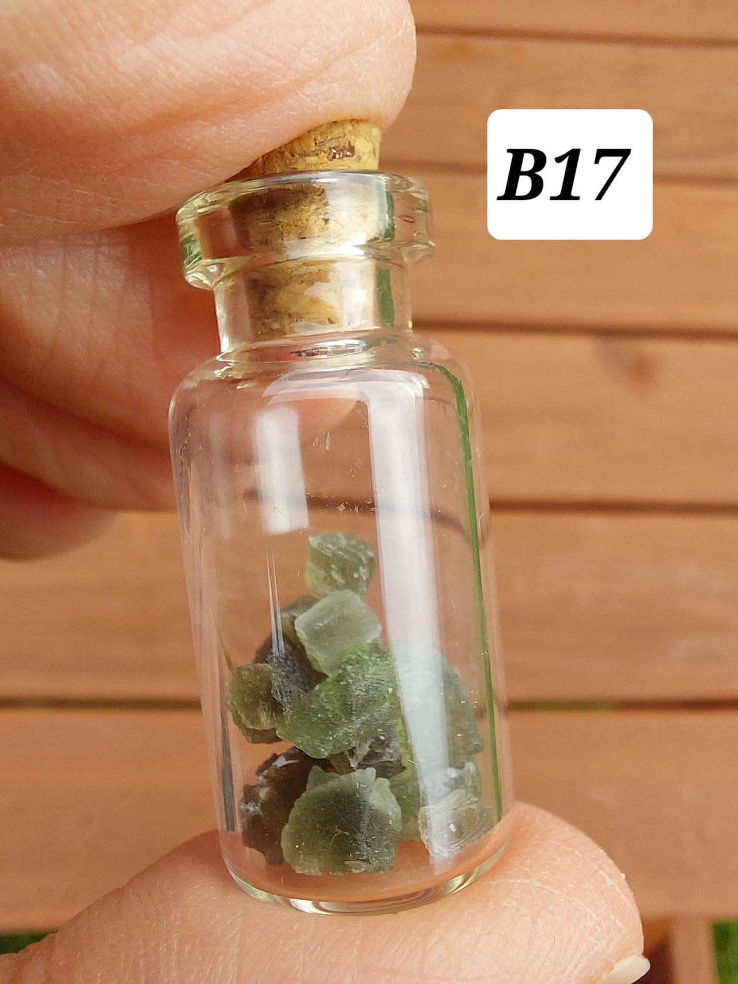Moldavite chips (1.50g) in 3ml glass Bottle, Tektite (Ref: B17)