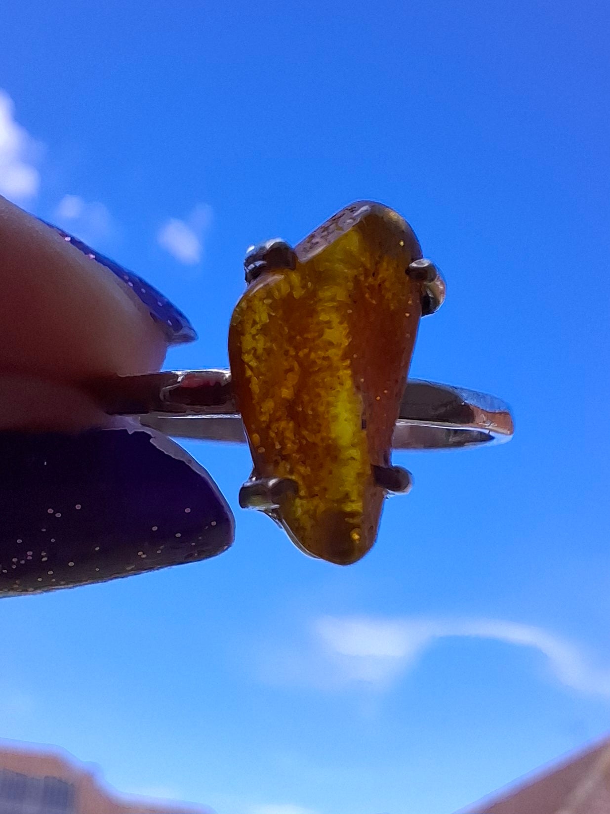 Baltic Amber Ring, size large V, 925 Silver, Fossil (Ref: AR26)