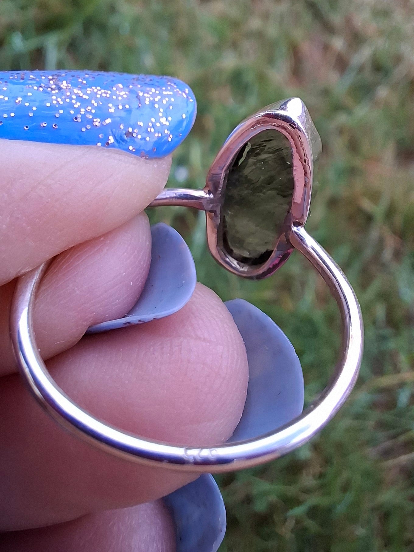 Moldavite Ring, size large R, 925 Silver, Tektite (Ref: R27)