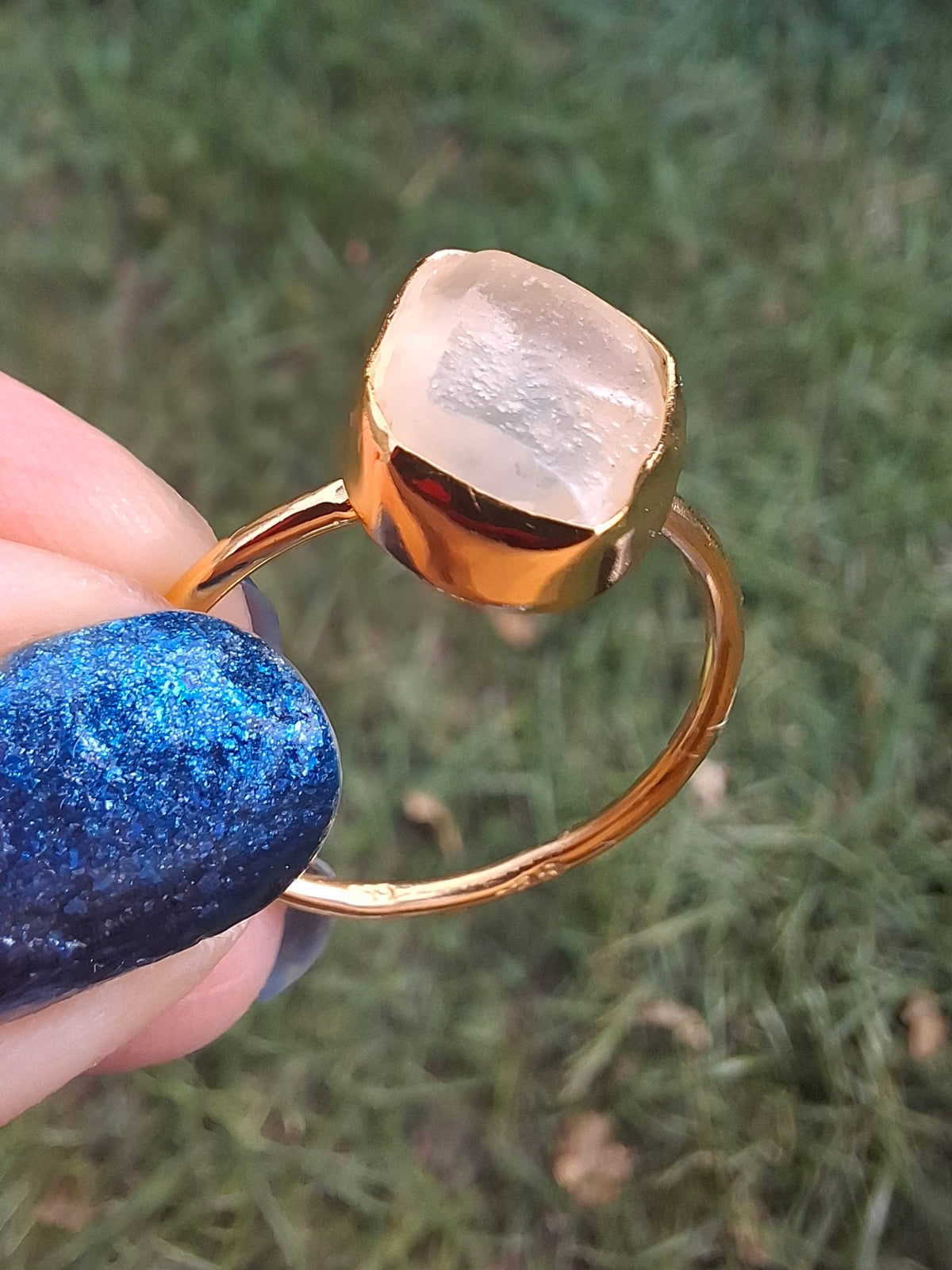 Libyan Desert Glass Ring, 14K GOLD Plated, size large T, Tektite (Ref: LR83)