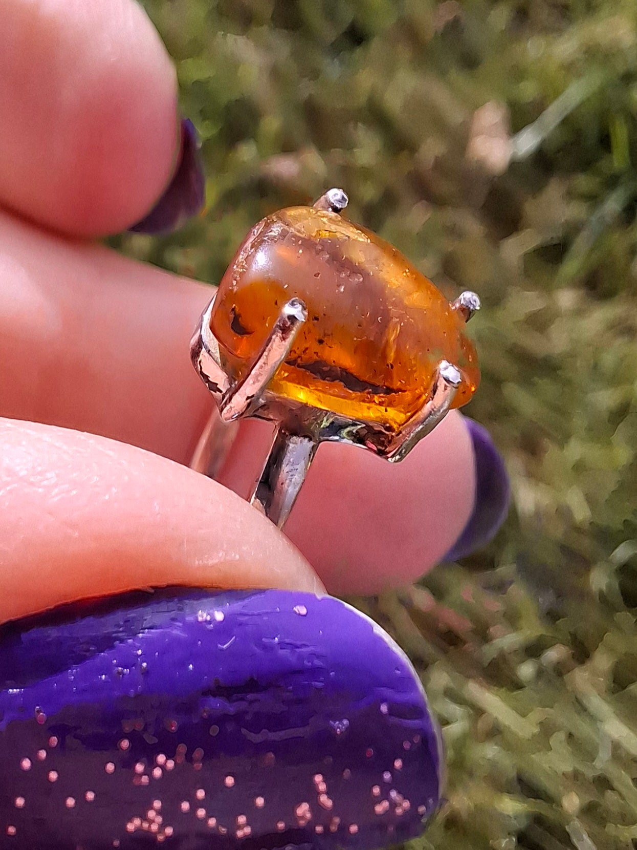 Baltic Amber Ring, size large V, 925 Silver, Fossil (Ref: AR24)