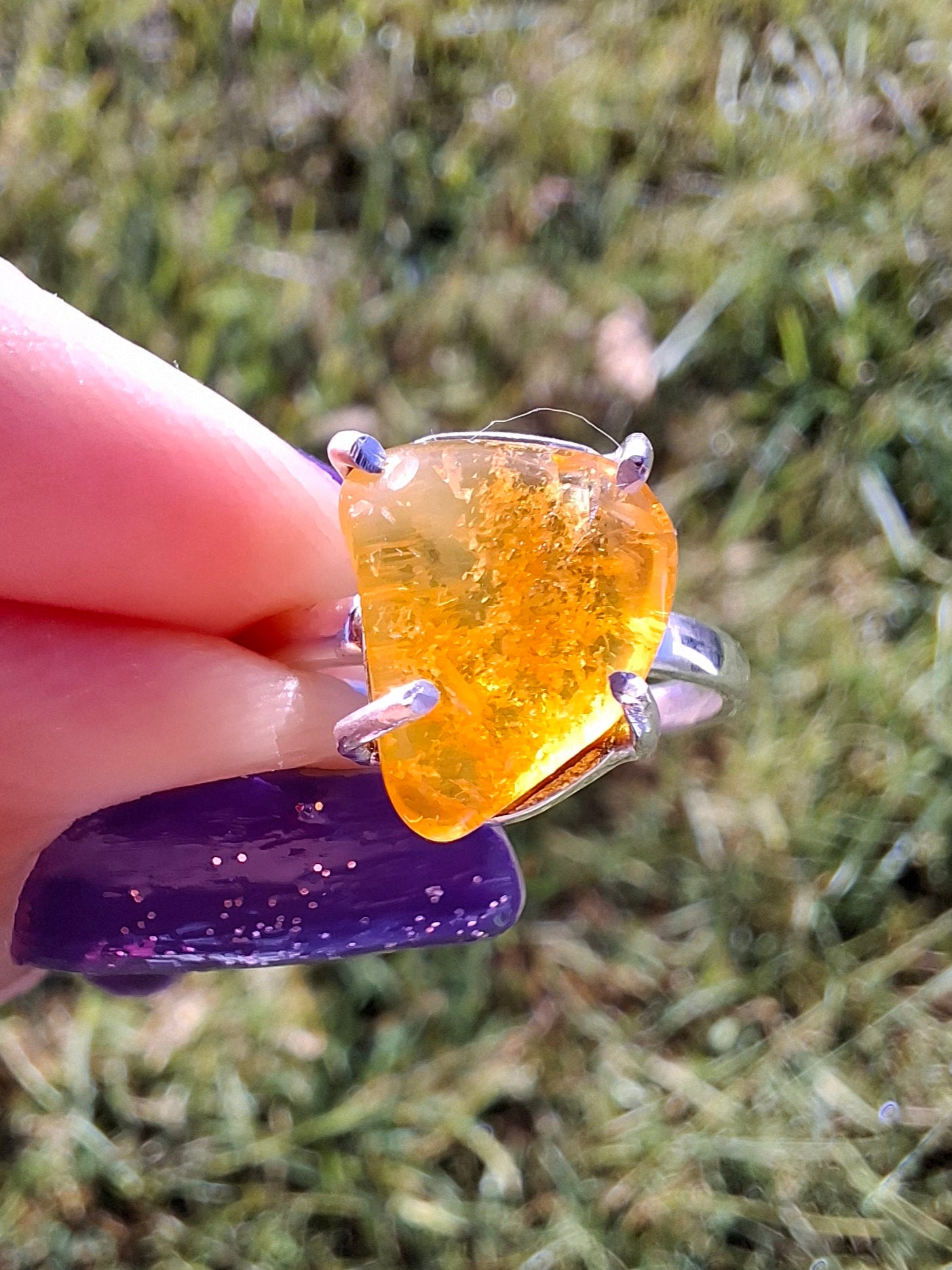 Baltic Amber Ring, size large M, 925 Silver, Fossil (Ref: AR6)