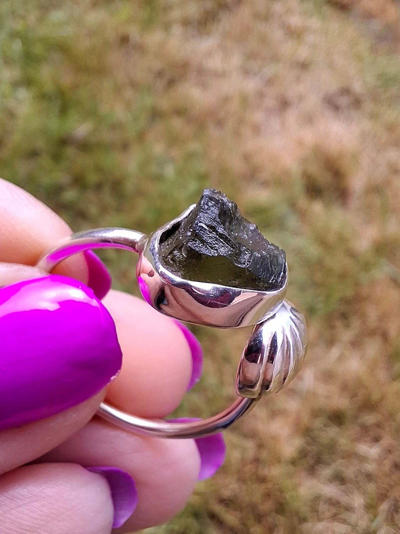 Moldavite ADJUSTABLE Ring, size large V/small W, 925 Silver, Tektite (Ref: AR51)