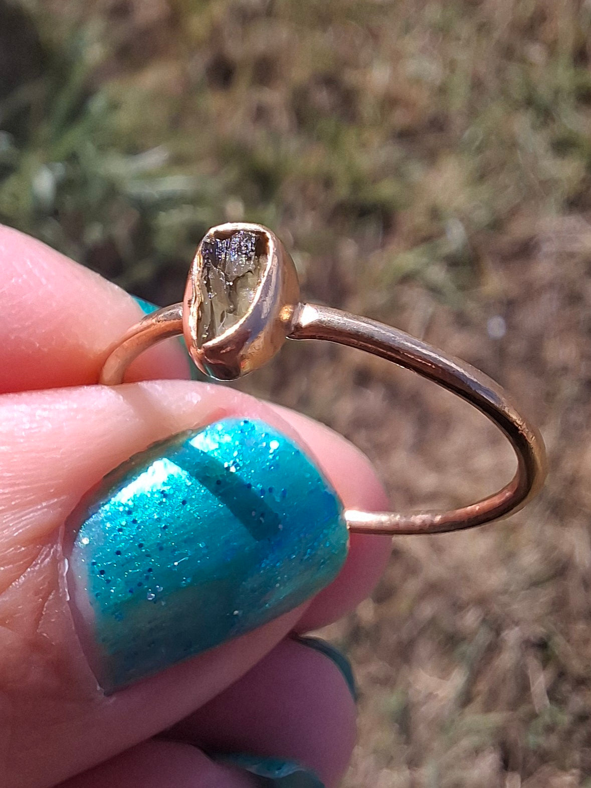 Moldavite Ring, 14K GOLD Plated, size large S, Tektite (Ref: R345)