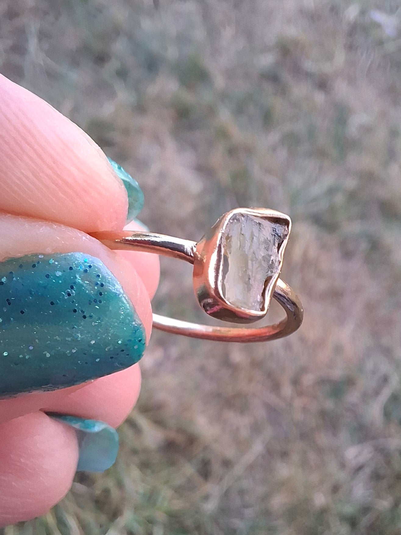 Moldavite Ring, 14K GOLD Plated, size large M, Tektite (Ref: R341)