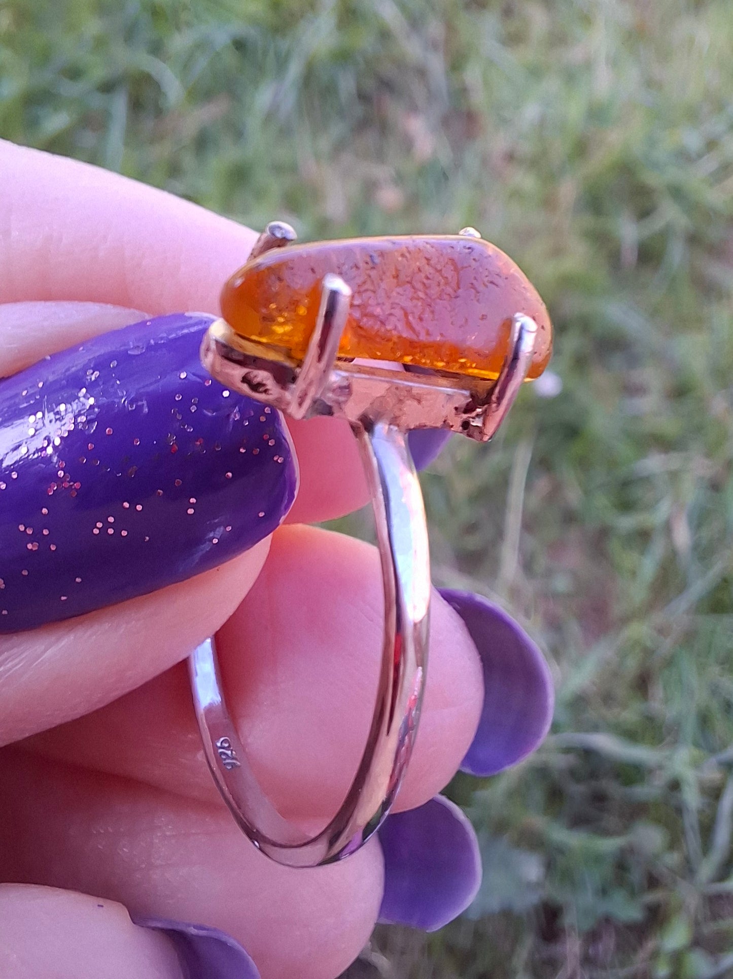 Baltic Amber Ring, size large V, 925 Silver, Fossil (Ref: AR26)