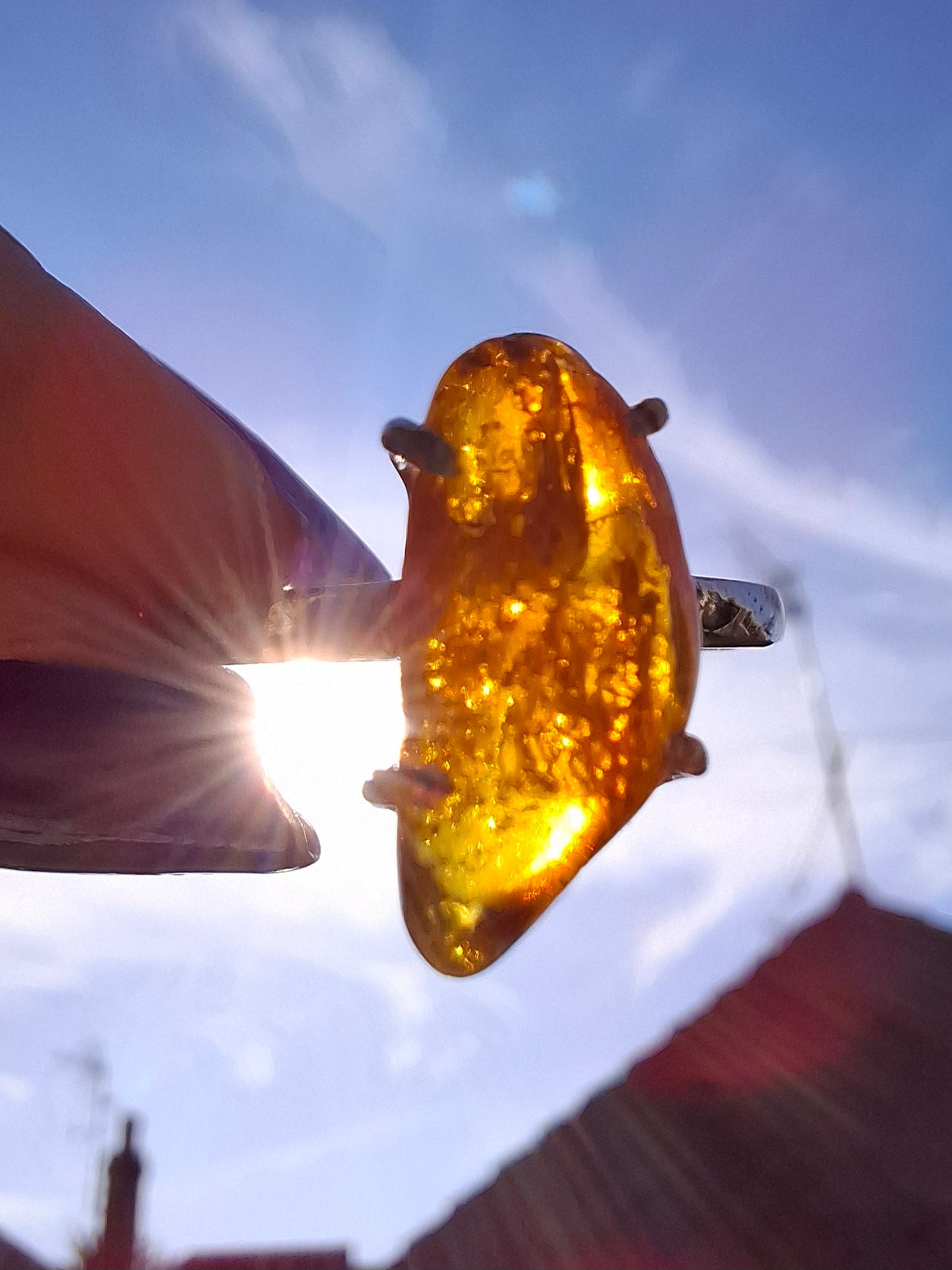 Baltic Amber Ring, size large T/small U, 925 Silver, Fossil (Ref: AR19)