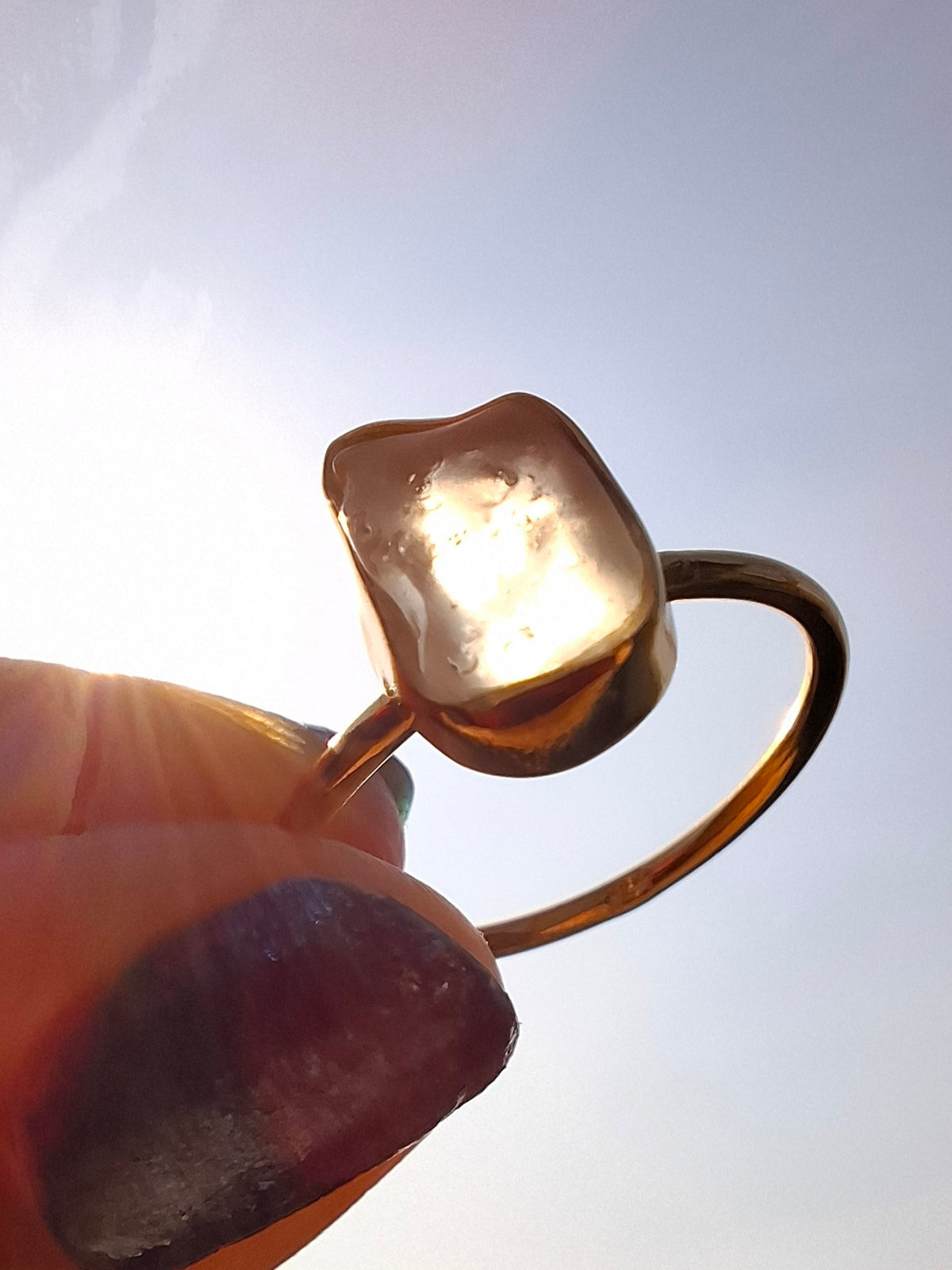 Libyan Desert Glass Ring, 14K GOLD Plated, size large Q, Tektite (Ref: LR64)