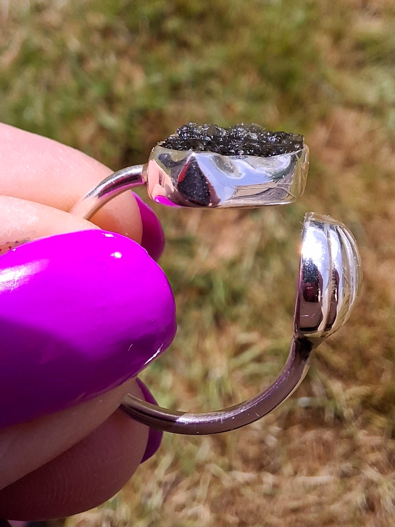 Moldavite ADJUSTABLE Ring, size large O, 925 Silver, Tektite (Ref: AR44)