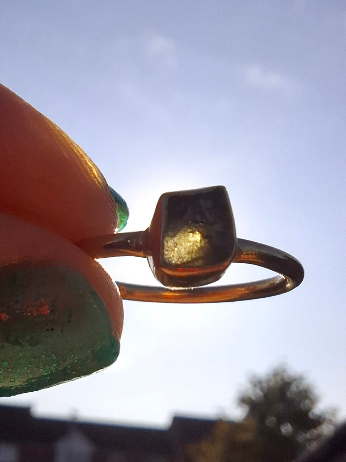 Moldavite Ring, 14K GOLD Plated, size small i, Tektite (Ref: R333)