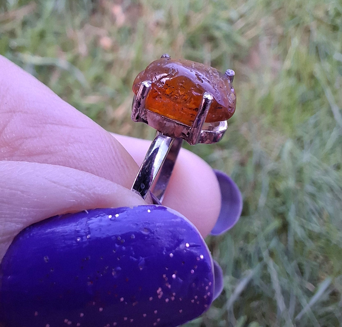 Baltic Amber Ring, size large W, 925 Silver, Fossil (Ref: AR28)