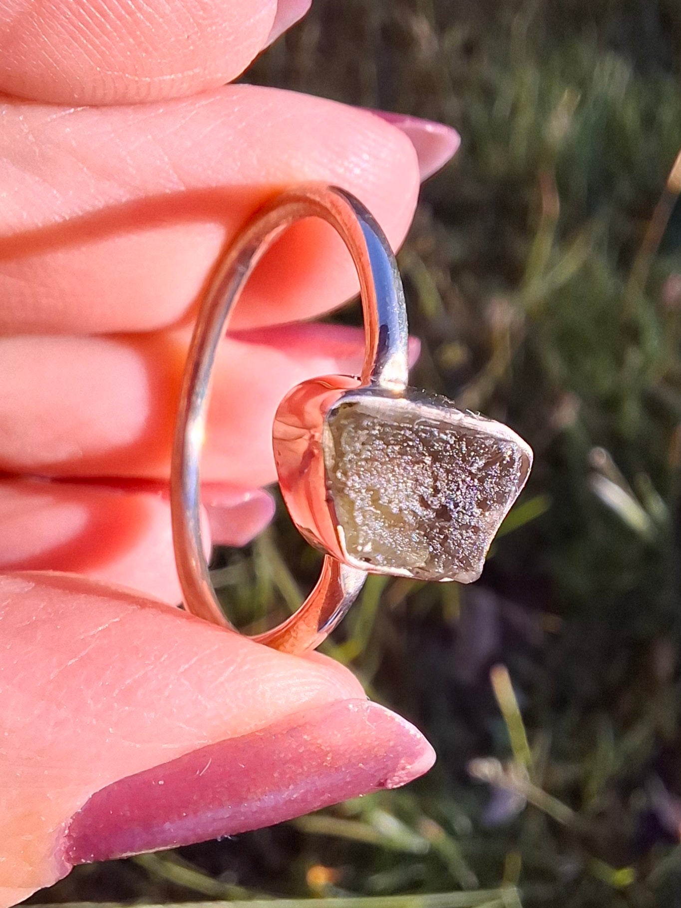 Moldavite Ring, size small W, 925 Silver, Tektite (Ref: R59)