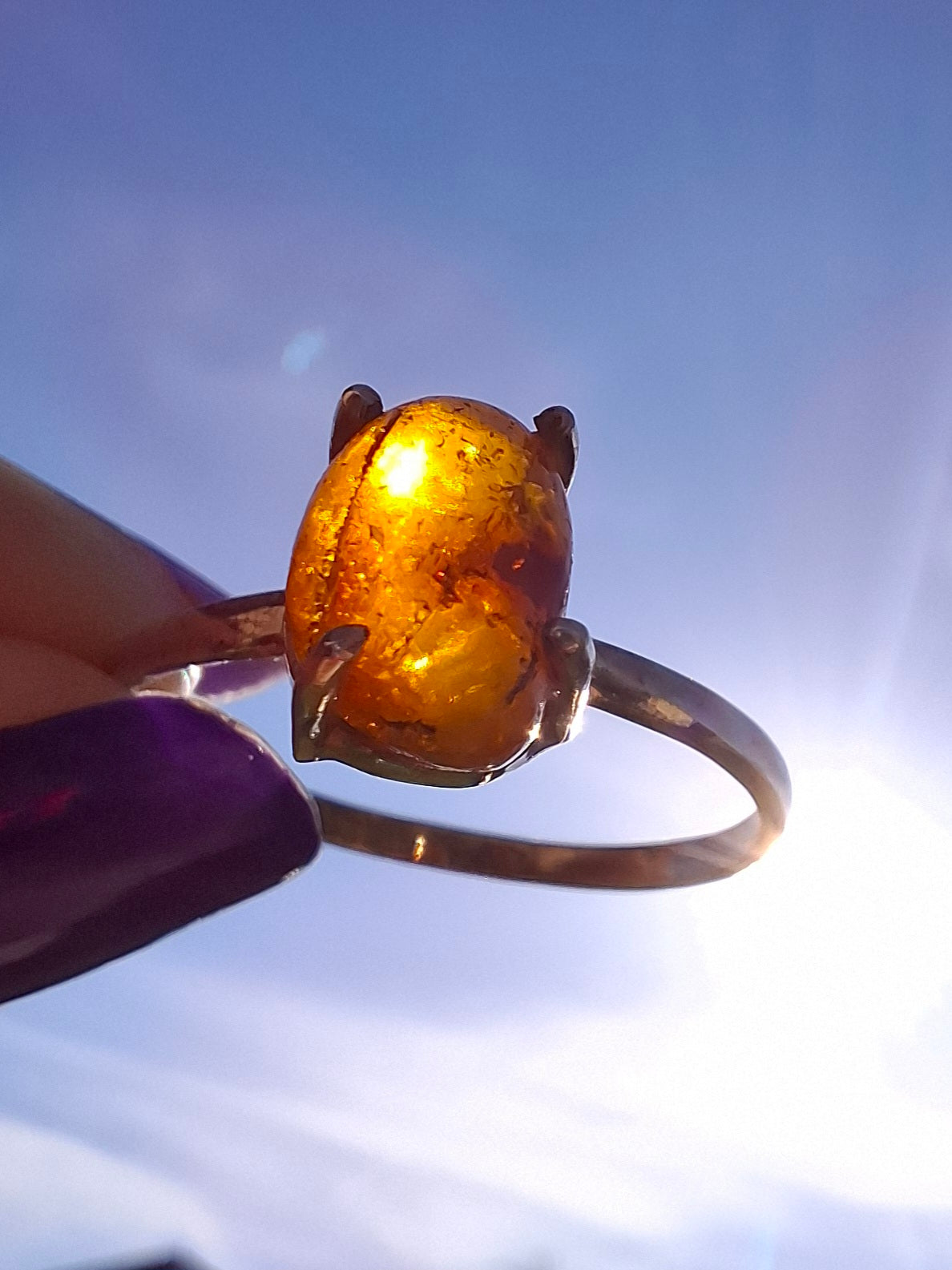 Baltic Amber Ring, size large W, 925 Silver, Fossil (Ref: AR29)