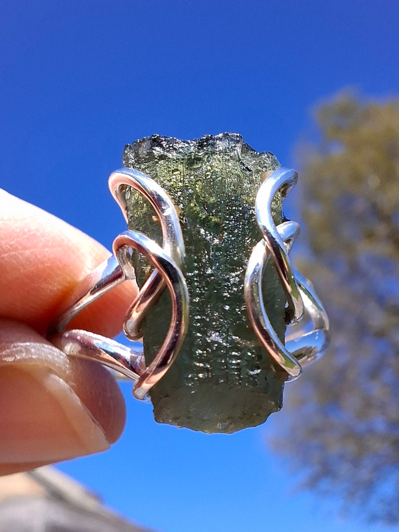 Moldavite Ring, size W, 925 Silver, Tektite (Ref: R15)