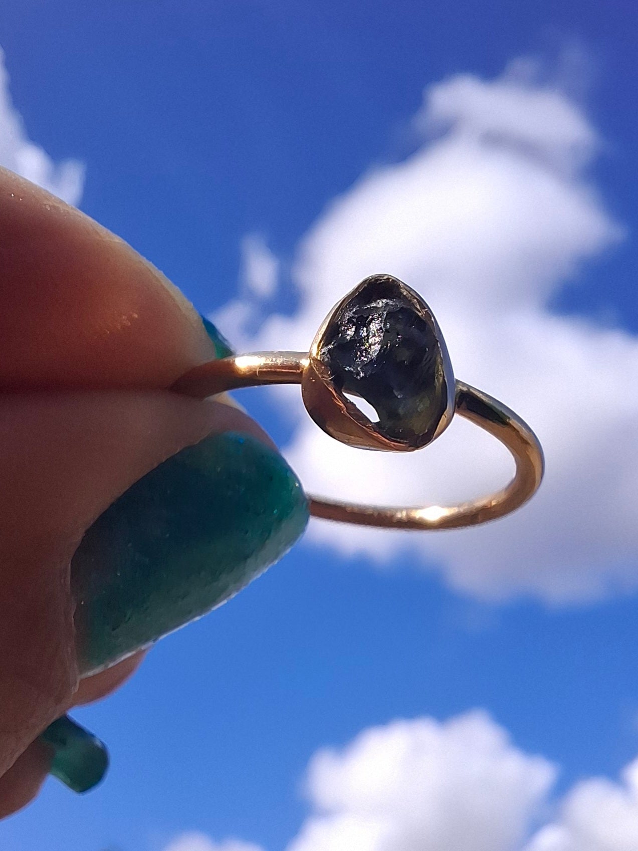 Moldavite Ring, 14K GOLD Plated, size large L, Tektite (Ref: R343)