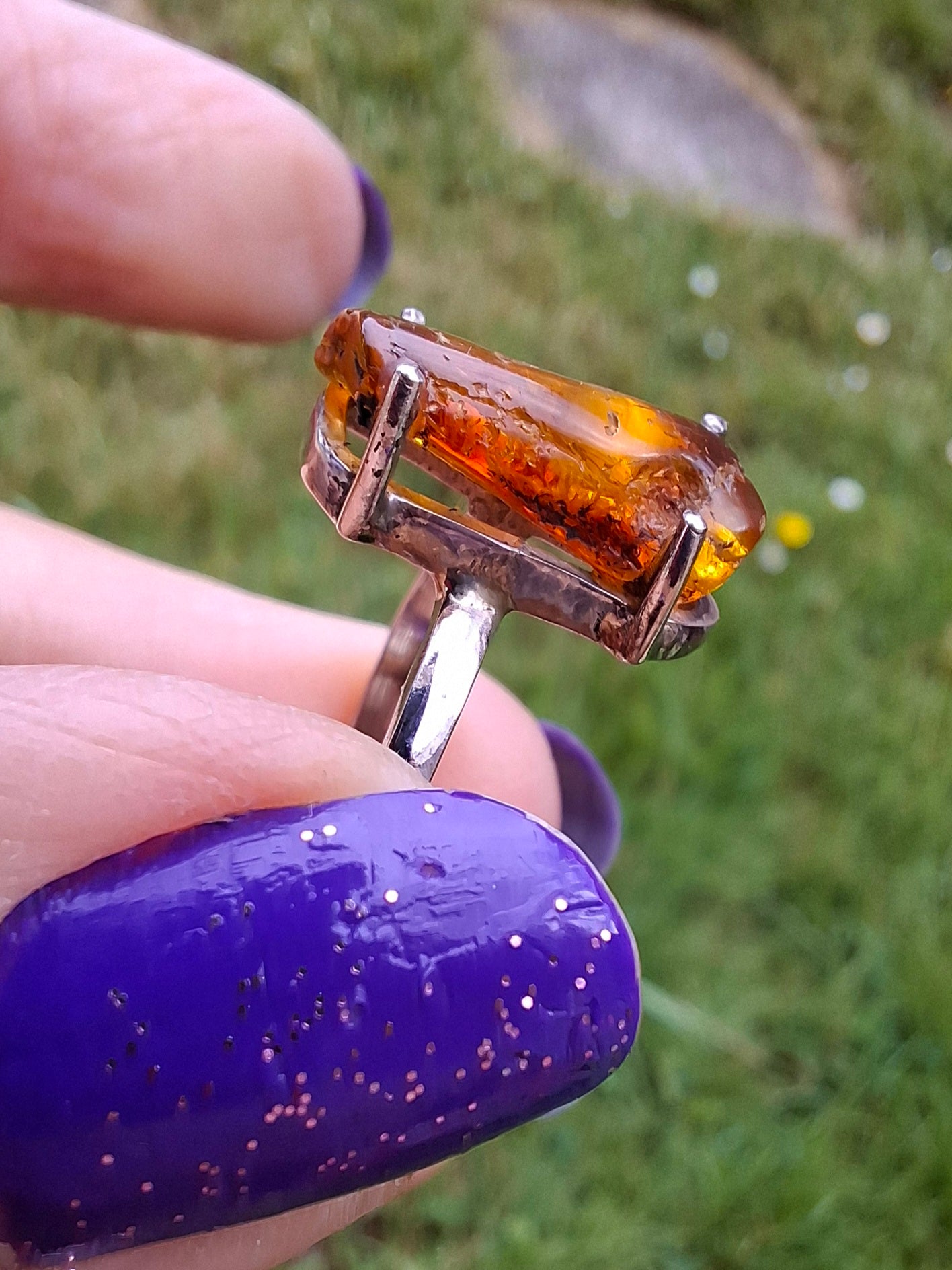Baltic Amber Ring, size large Y, 925 Silver, Fossil (Ref: AR22)