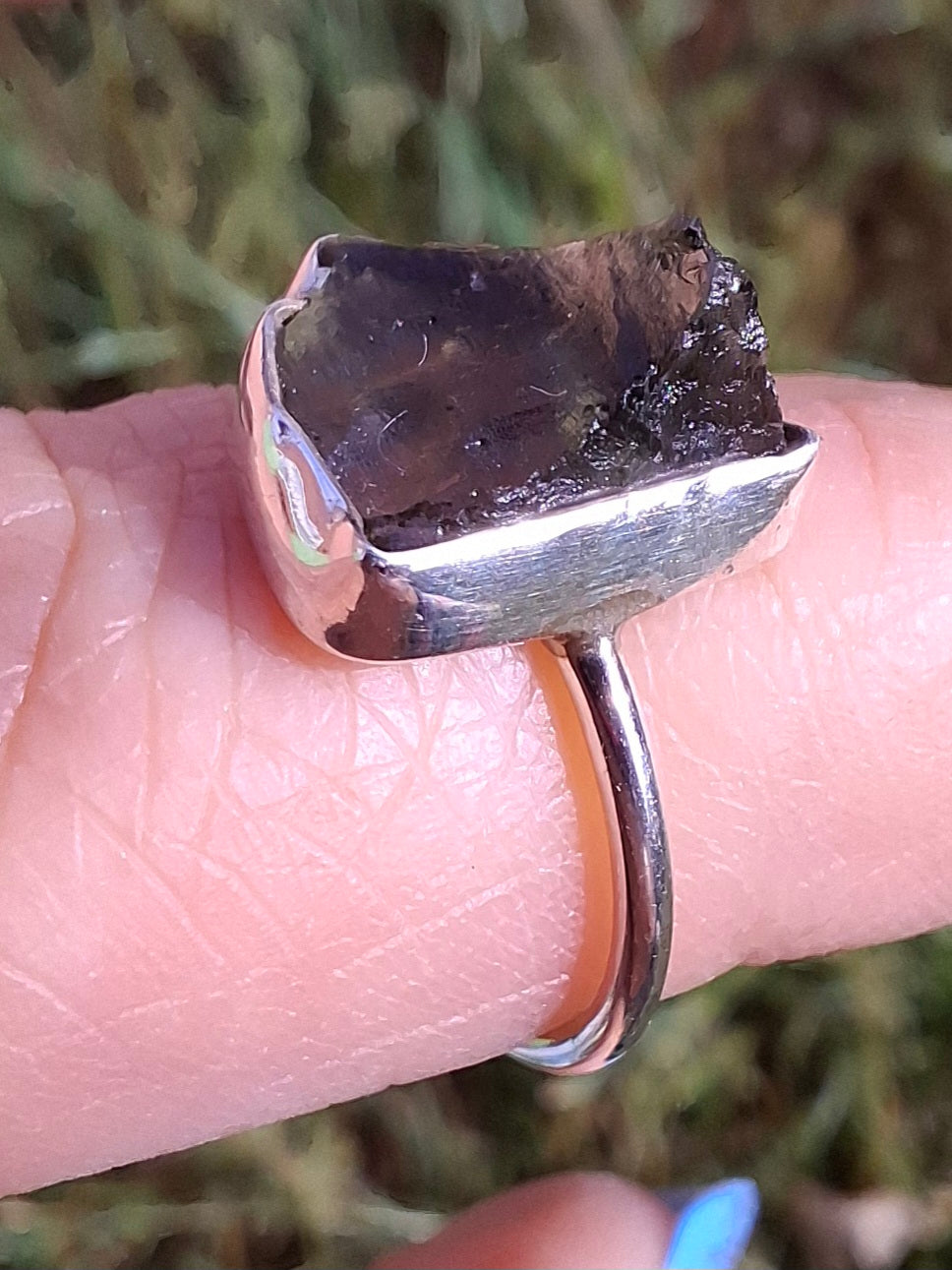 Moldavite Ring, size large J, 925 Silver, Tektite (Ref: R20)