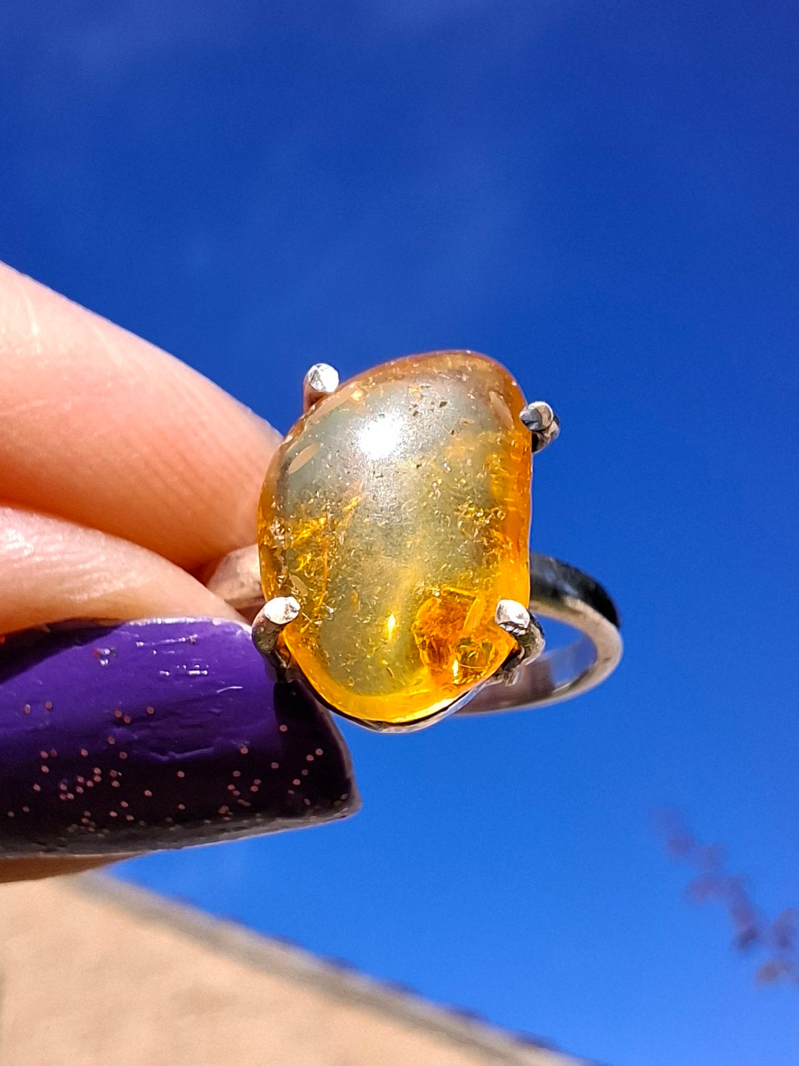 Baltic Amber Ring, size large K, 925 Silver, Fossil (Ref: AR31)