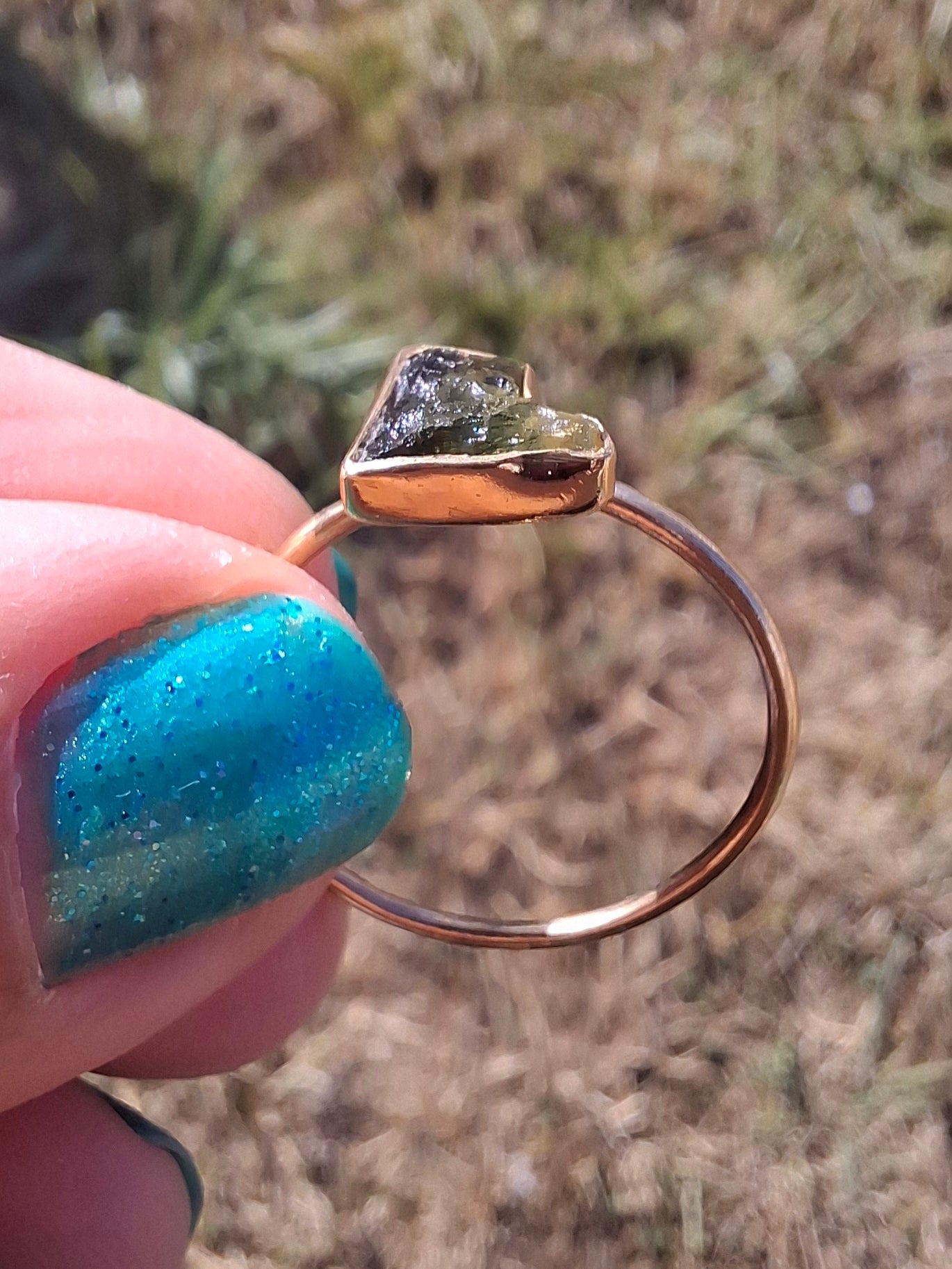 Moldavite Ring, 14K GOLD Plated, size large U, Tektite (Ref: R351)