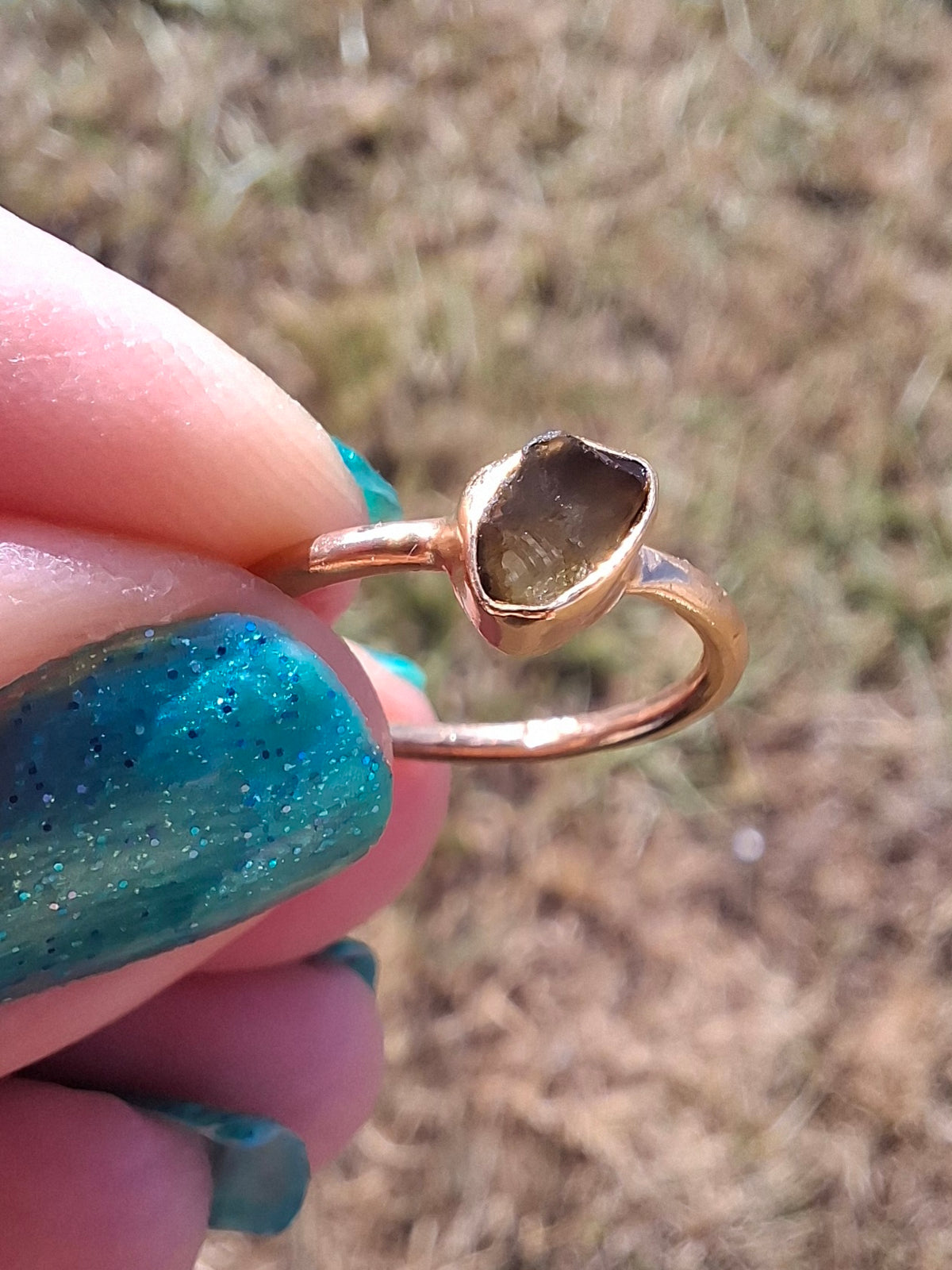 Moldavite Ring, 14K GOLD Plated, size large G / small H, Tektite (Ref: R334)