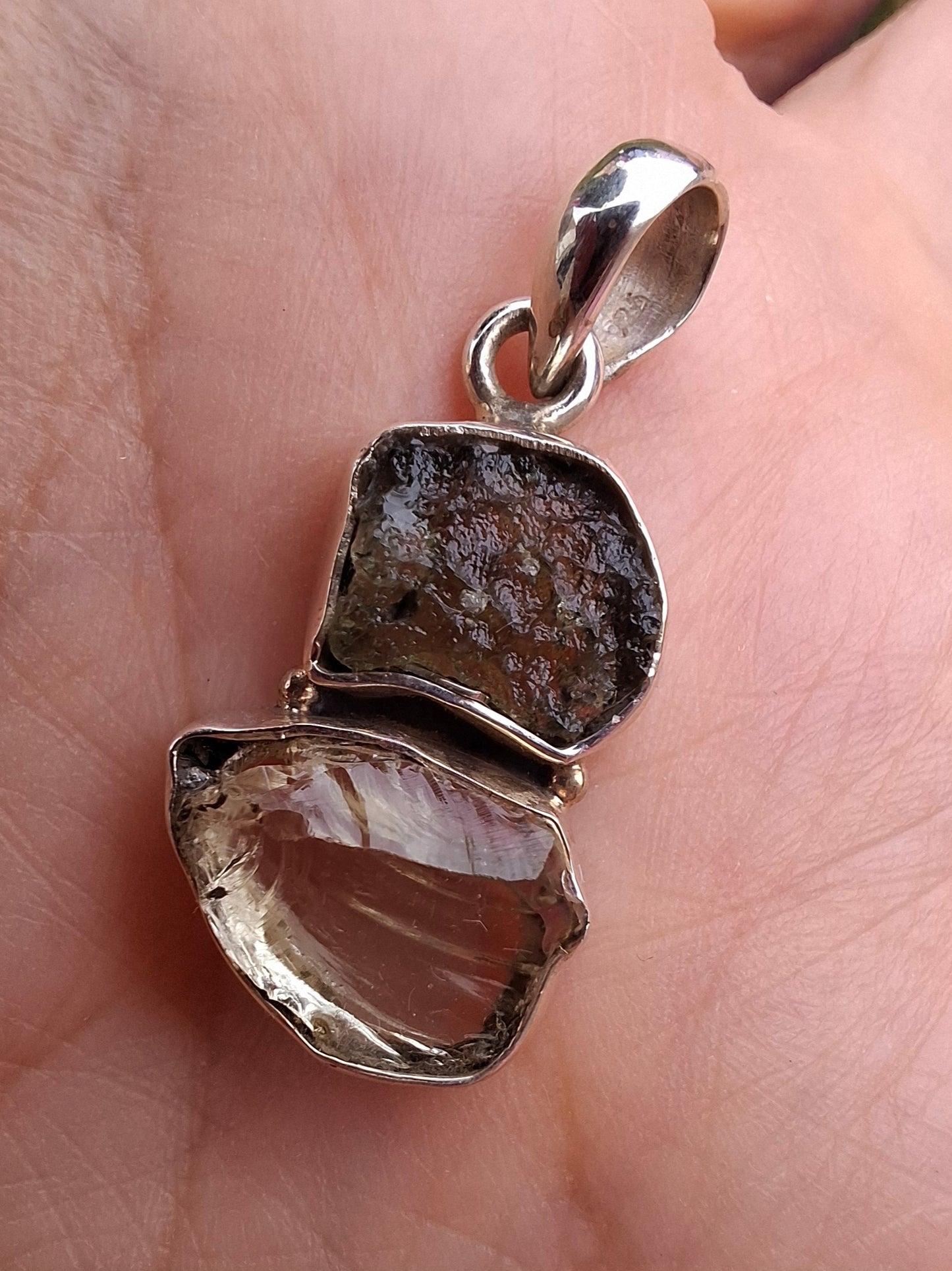 Moldavite & Libyan Desert Glass Pendant, 925 Silver, Tektite (Ref: MLP4)